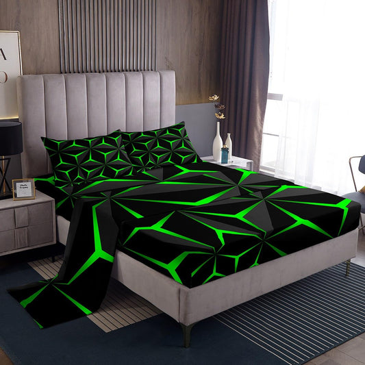 Feelyou Neon Honeycomb Sheet Set Twin Size,Geometric Stereoscopic Theme Teens Boys Bedding Set,Adults Bedroom Decoration 3D Green Print Fitted Sheet All Season