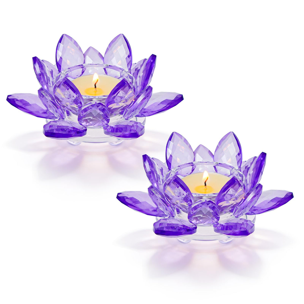 Kolnlala 2 Pcs Purple Crystal Lotus Flower Tealight Candle Holder | Glass Votive Candlestick Decor for Home, Wedding, Party & Christmas Table Centerpieces