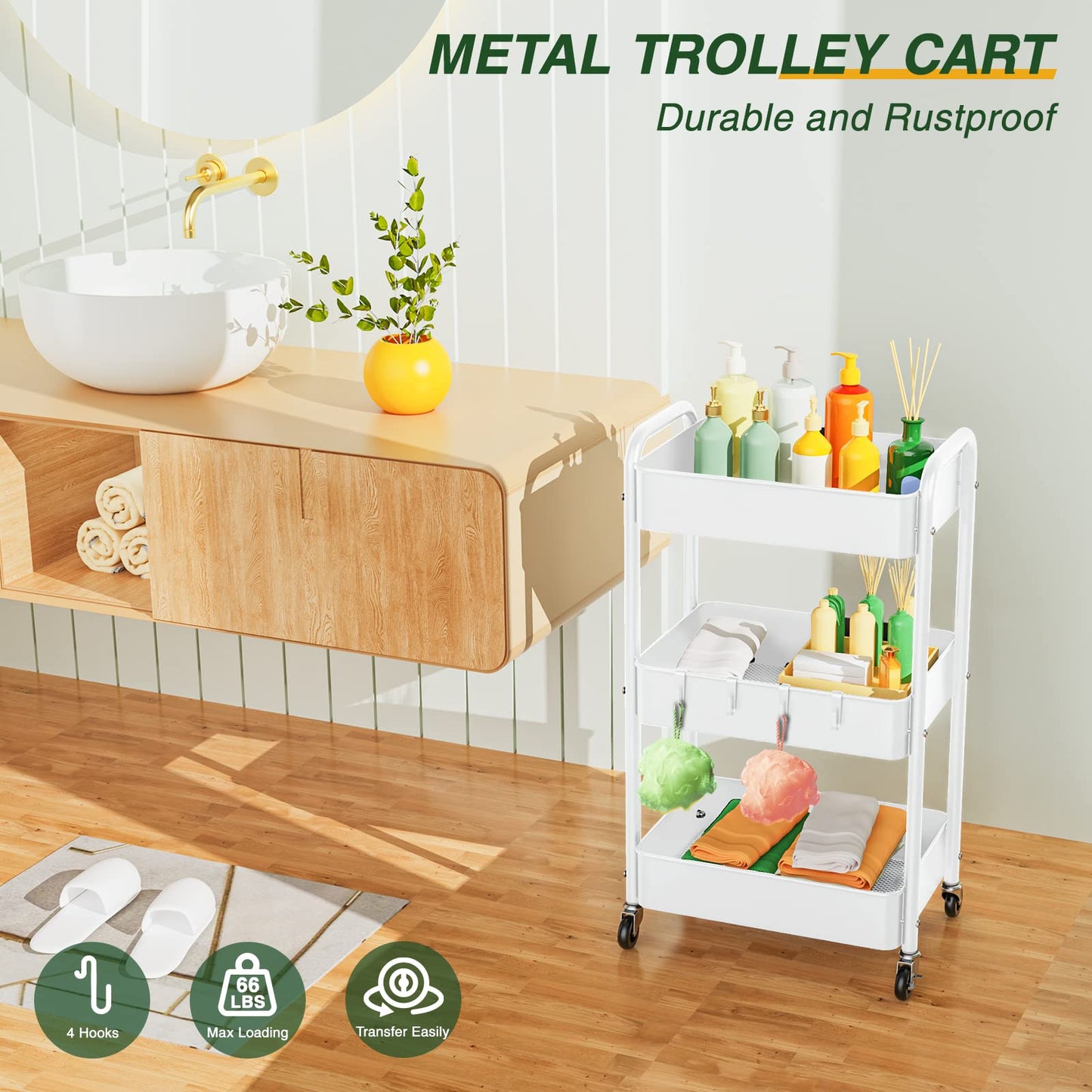 LEHOM 3 Tier Rolling Cart, Metal Rolling Utility Cart with Lockable Wheels & Hooks, Multi-Functional Heavy Duty Storage Cart Organizer for Bathroom, Kitchen, Office, Living Room