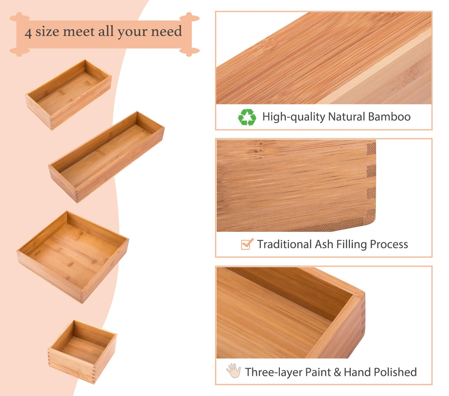 Sansnow Bamboo Drawer Oragnizer Box, Kitchen Seasoning Organizer Tray, Tableware Knife Fork Organizer Box, Home Drawer Sorting Box, Bamboo 12"*4"