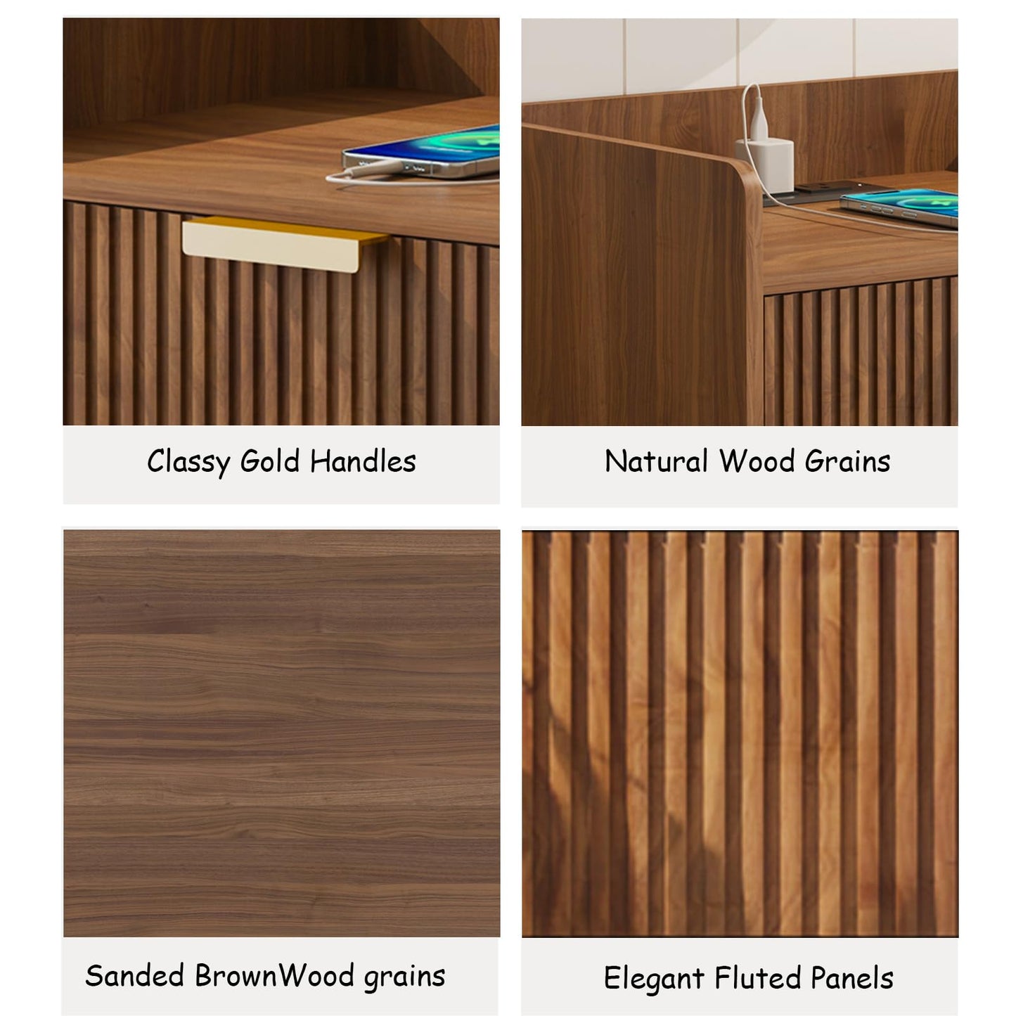 Arbuxzuy Floating Nightstand Set of 2 with Charging Station, Modern Wall Mounted Bedside Table with Drawer & Open Shelf, Minimalist Wooden Night Stand for Bedroom (Walnut Brown)