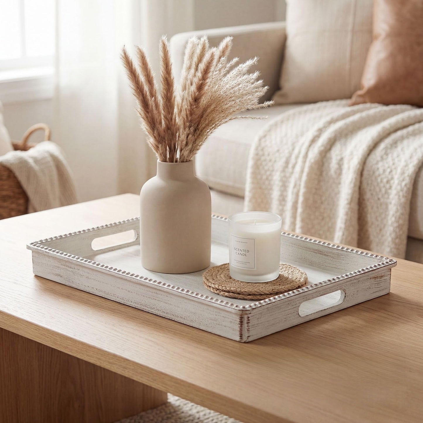 Zosenley Decorative Tray, Rectangular Plastic Tray with Handles, Modern Vanity Tray and Serving Tray for Bathroom, Kitchen, Ottoman and Coffee Table, 15.6” x 10.2” (Retro White)
