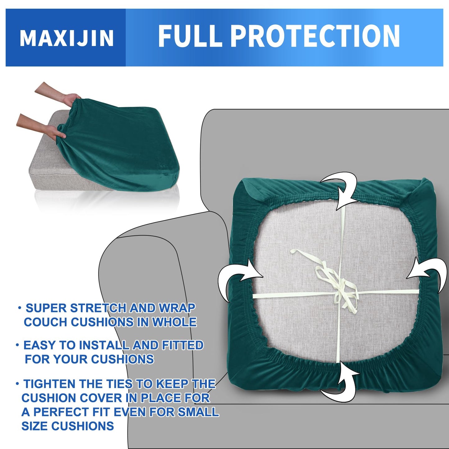 MAXIJIN Velvet Stretch Cushion Cover Fitted Couch Cushion Slipcovers 1 Pack Arm Chair Seat Cushion Cover for Individual Cushion Sofa Chair with Elastic Bottom (Chair Cushion, Blackish Green)