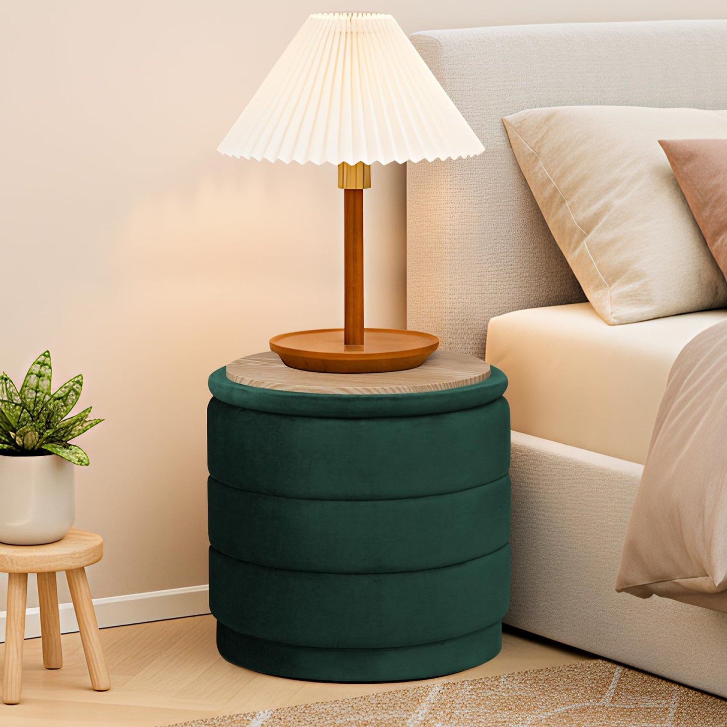 ZOLANOful 15.4" Round Velvet Storage Ottoman with Reversible Lid, Upholstered Circular Ottoman Footrest with Hidden Storage, Foldable Padded Footstool for Dorm Living Room & Bedroom, Bottle Green