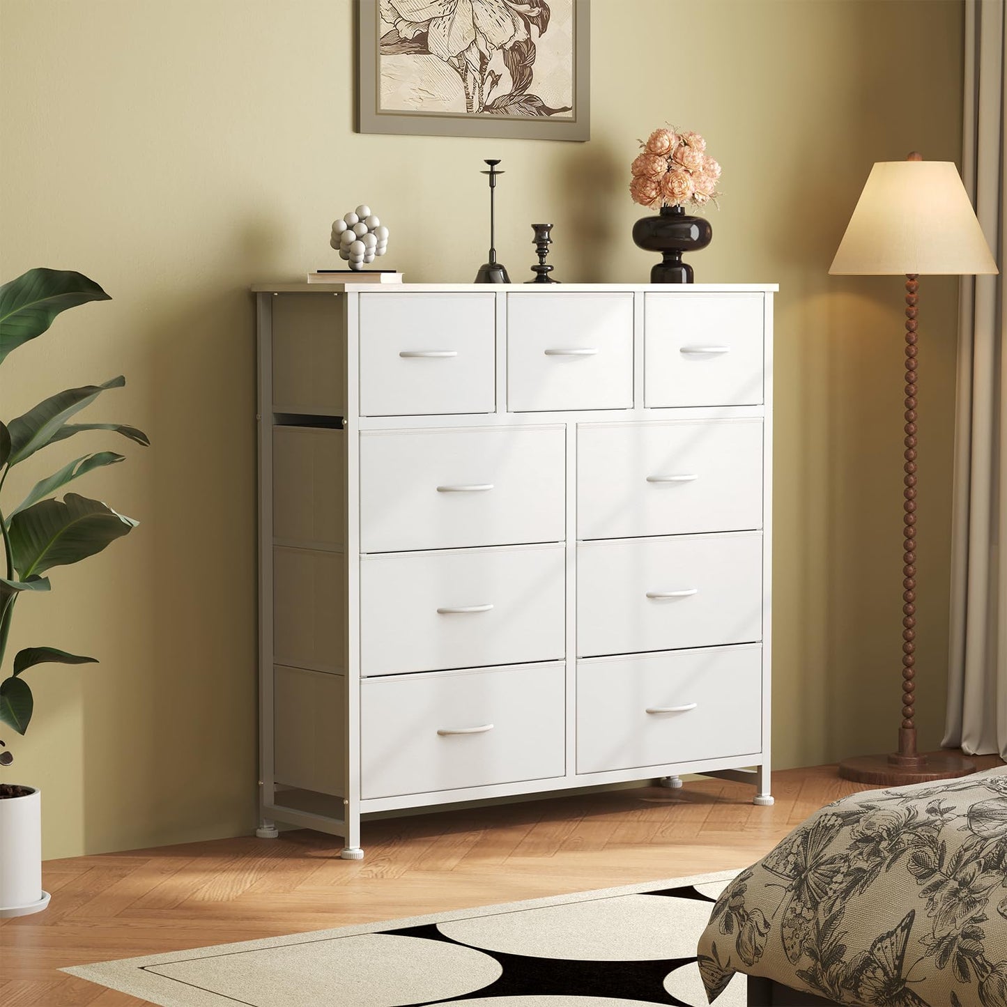 DUMOS Dresser for Bedroom, Storage Organizer with 9 Drawers, Chest of Drawers with Fabric Bins, Sturdy Metal Frame, Wood Tabletop for Guest Room, Closet, Entryway, White