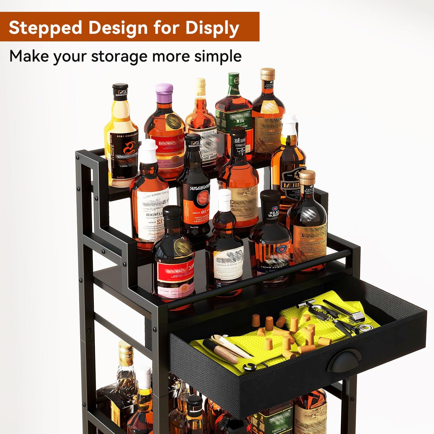 IBUYKE Stepped Wine Rack Freestanding Floor,Bar Cabinet with Drawer and Display Shelf for Whiskey,Corner Liquor Bottle Display Cabinet for Home,Living Room,Dining,Black UTMJ915B