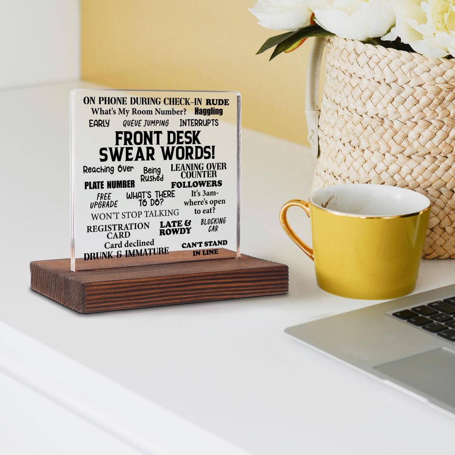 Funny Front Desk Sign for Receptionist Office Decor, Acrylic Desk Plaque with Guest Swear Words, Hilarious Gift for Hospitality Staff, New Job Leaving Retirement Gift Idea SKT250