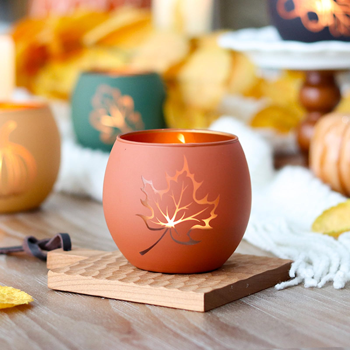 Fall Candle Holders Set of 4, Glass Tealight Votive Holders, Indoor Outdoor Thanksgiving Table Decor with Laser-Etched Maple Leaf and Pumpkin Design, Autumn Party Wedding Table Centerpieces (Brown)