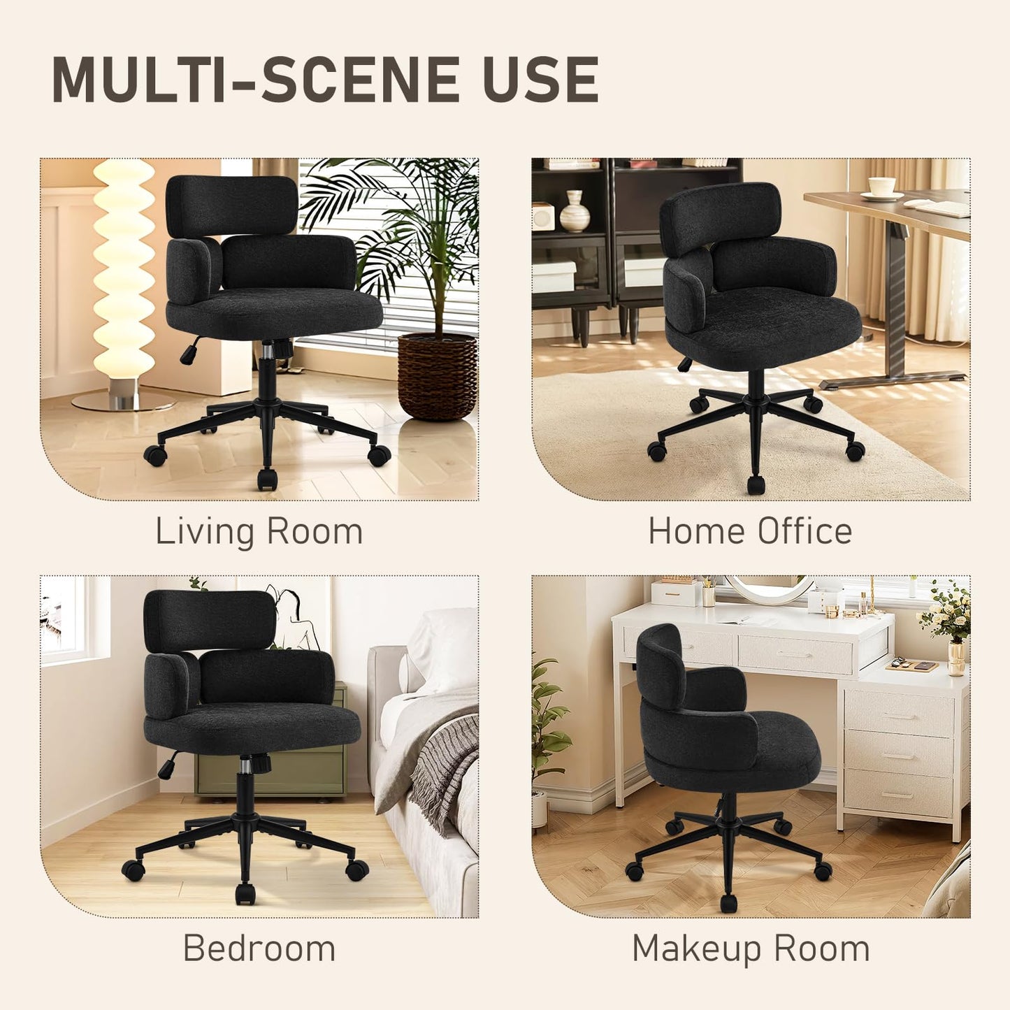 Furnistyle Modern Upholstered Office Chair with Wheels, Adjustable Height Swivel Desk Chair with Arms, Comfy Fabric Task Chair for Home Office, Bedroom, Study Room, Rolling Base,Black