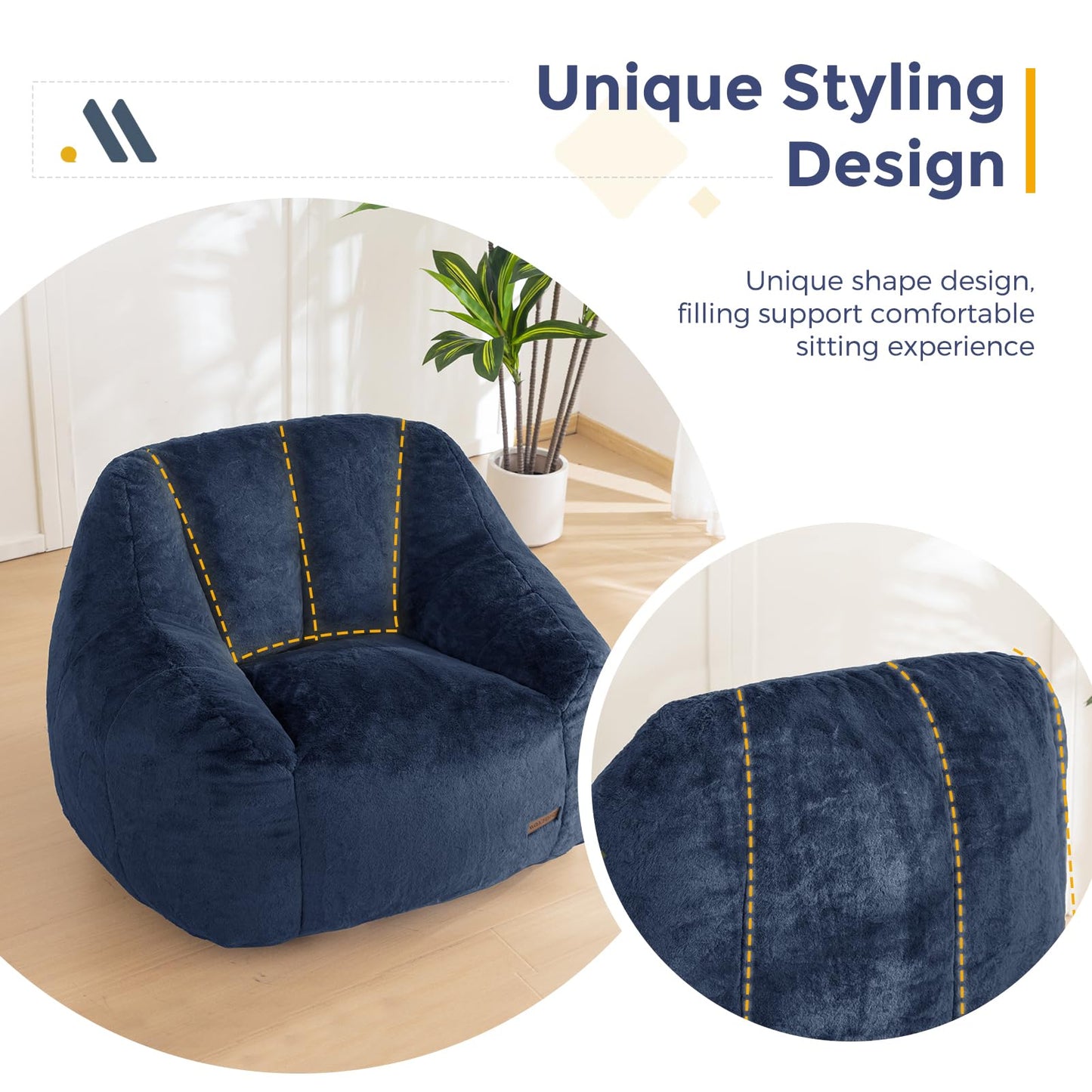 MAXYOYO Bean Bag Chair, Comfy Bean Bag Sofa with Back Support, Faux Fur Bean Bag Chair for Adults and Kids, Stuffed Floor Sofa for Living Room, Bedroom, Apartment, Navy