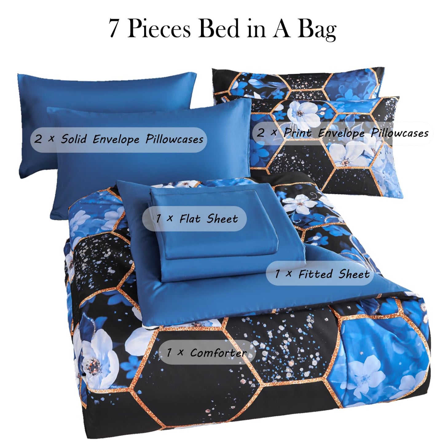 ZRNBAST Queen Comforter Set 7 Pieces Blue Floral Bedding Set, Geometric Bed in A Bag with Sheets and Pillowcases, Soft Microfiber Complete Bedding Sets for All Season(Blue Floral,Queen)