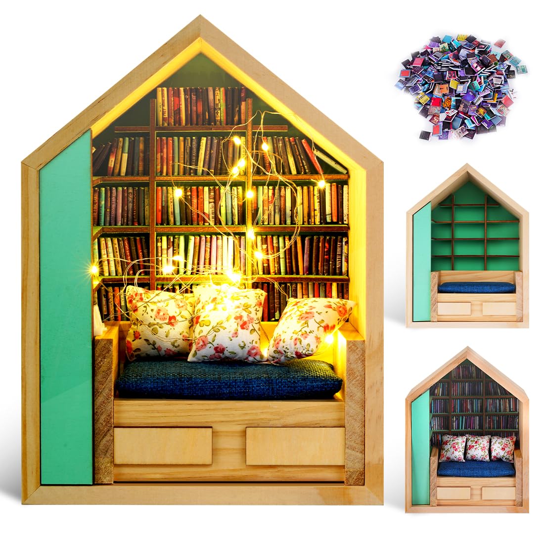 FUYIHGL® Lighted Anxiety Bookshelf with 340 Mini Books - Miniature Book Library Shelf | Coffee Home Office Desk Decor - DIY Tiny Book Nook Kit Organizer - Stress Relief Gifts for Men Women Book Lover
