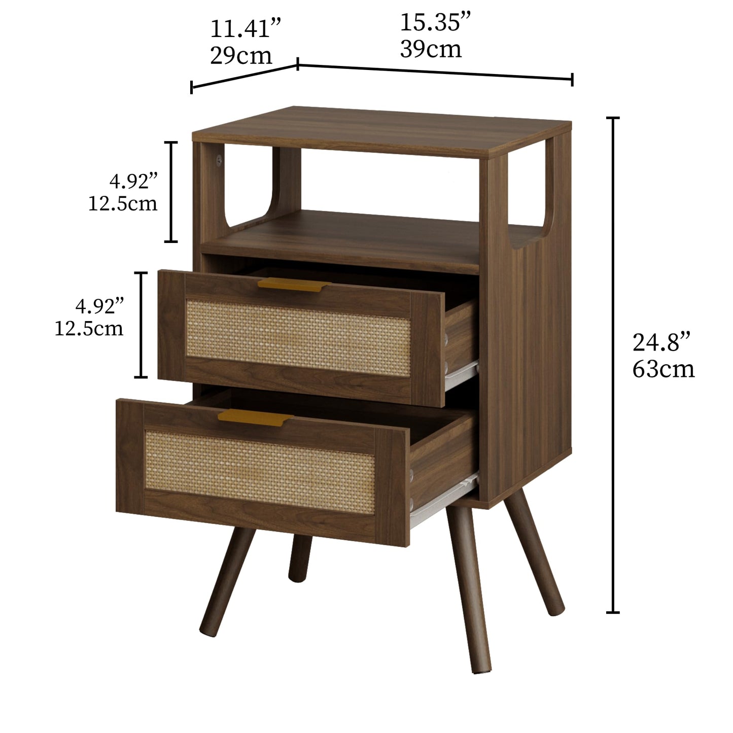 JOONEE Rattan Nightstand,Farmhouse Bedside Table with 2 Storage Drawer and Open Wood Shelf, for Bedroom and Small Spaces,Night Stand with Solid Wood Legs (Walnut Brown)