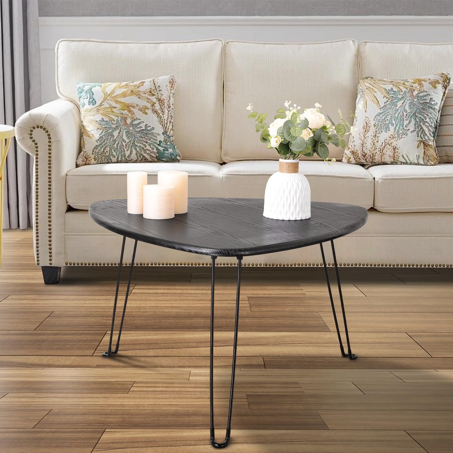 Black Folding Coffee Table Wooden Triangle Floor Table Desk for Sitting on The Floor Coffee Tables Small Oval Coffee Table Mid Century Modern Center Sofa Table for Living Room Home Office