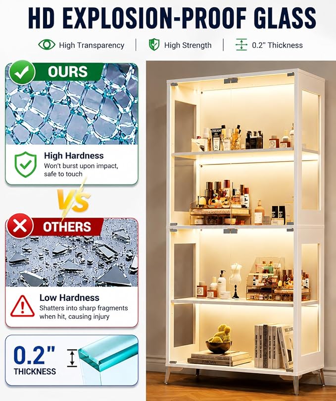 Display Cabinet with Glass Doors, 4-Tier Curio Cabinet, Adjustable Shelves