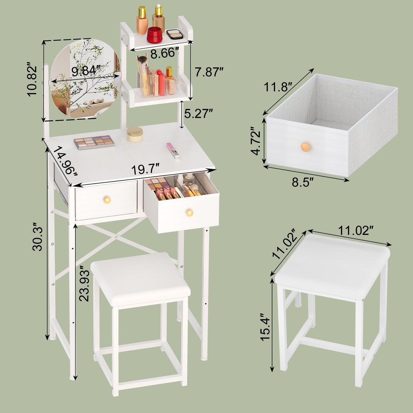 19.7"W Small Vanity Desk with Mirror & Chair, Mini Cute Makeup Vanity Table Set with 2 Fabric Storage Drawers Opening Shelves, Compact Vanity Desk for Kids Girls Gifts, Bedroom & Small Spaces, White