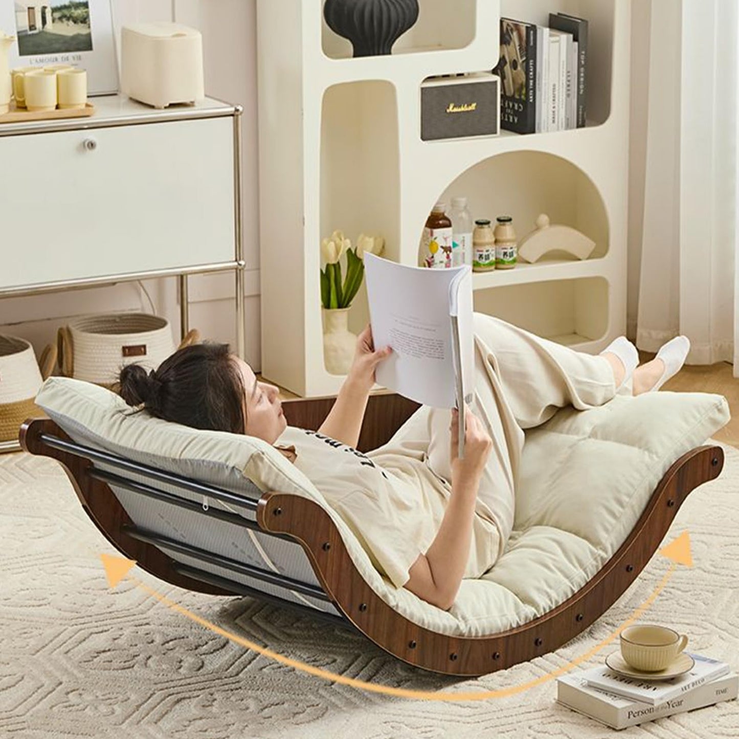 Curved Rocking Lounge Chair for Living Room, Multifunctional Lazy Lounge Chair, Human Dog Nest Napping Chair, Dormitory Balcony Sofa Chair (Grey)