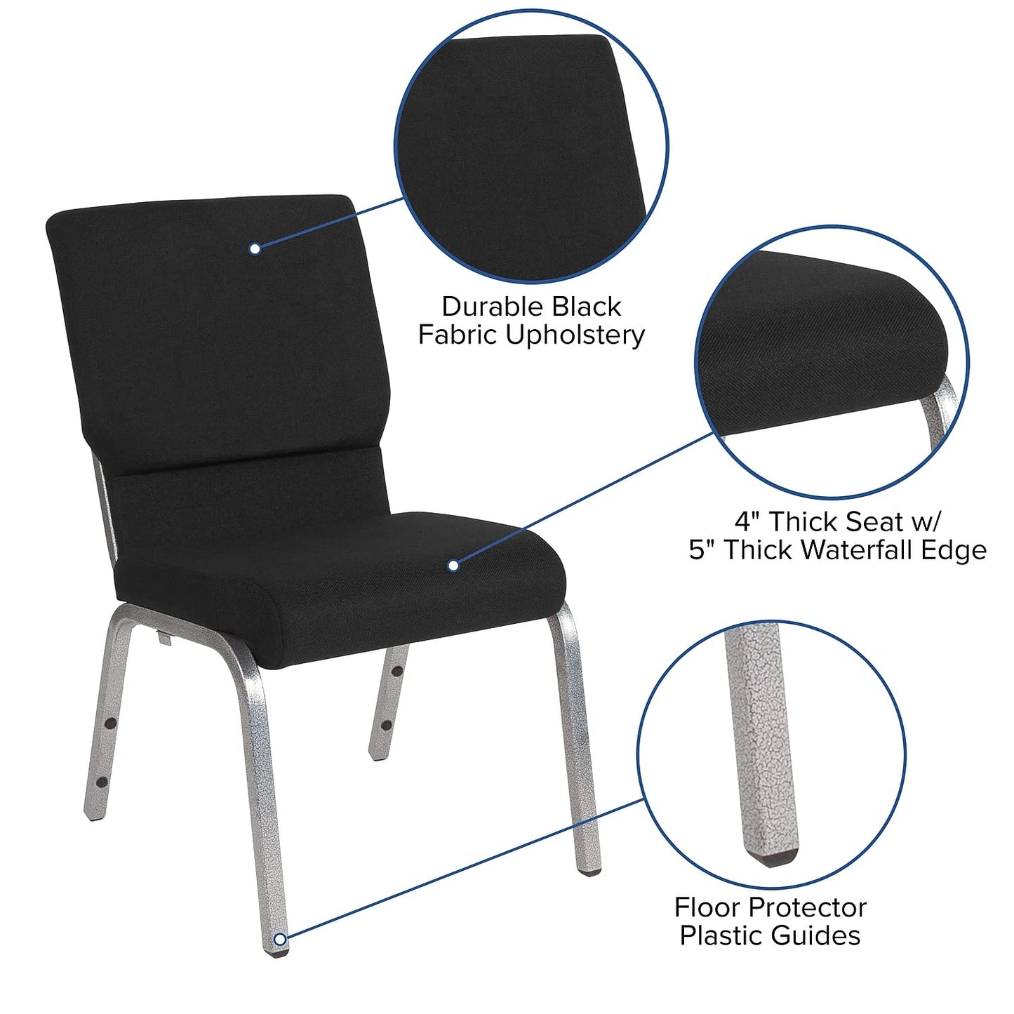Flash Furniture 4 Pack HERCULES Series 18.5''W Stacking Church Chair in Black Fabric - Silver Vein Frame