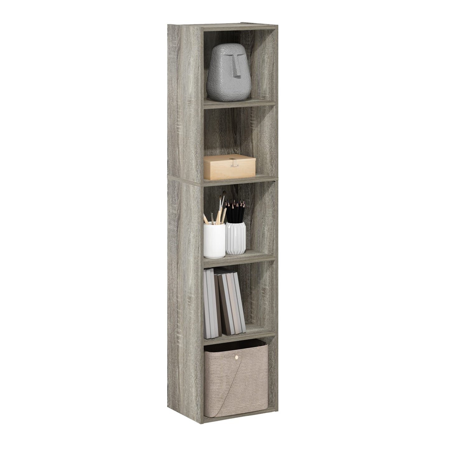 Furinno PASIR Book Shelf, 5-Tier Tall Narrow Bookshelf, Open Shelves Bookcase, 9 x 12 x 52, Easy Assembly, for Living Room, Bedroom, Home Office, French Oak