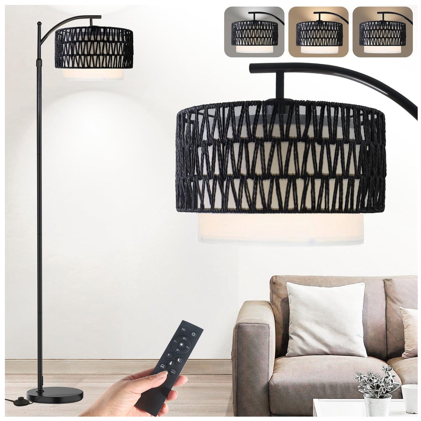Yusist Arc Floor Lamp for Living Room,Farmhouse Floor Lamps with Remote Control & Dimmable Bulb,Black Rattan Boho Tall Standing Lamp for Bedroom Office