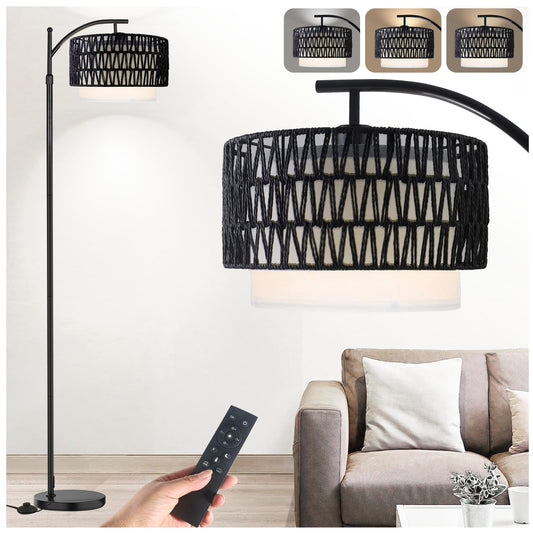 Yusist Arc Floor Lamp for Living Room,Farmhouse Floor Lamps with Remote Control & Dimmable Bulb,Black Rattan Boho Tall Standing Lamp for Bedroom Office