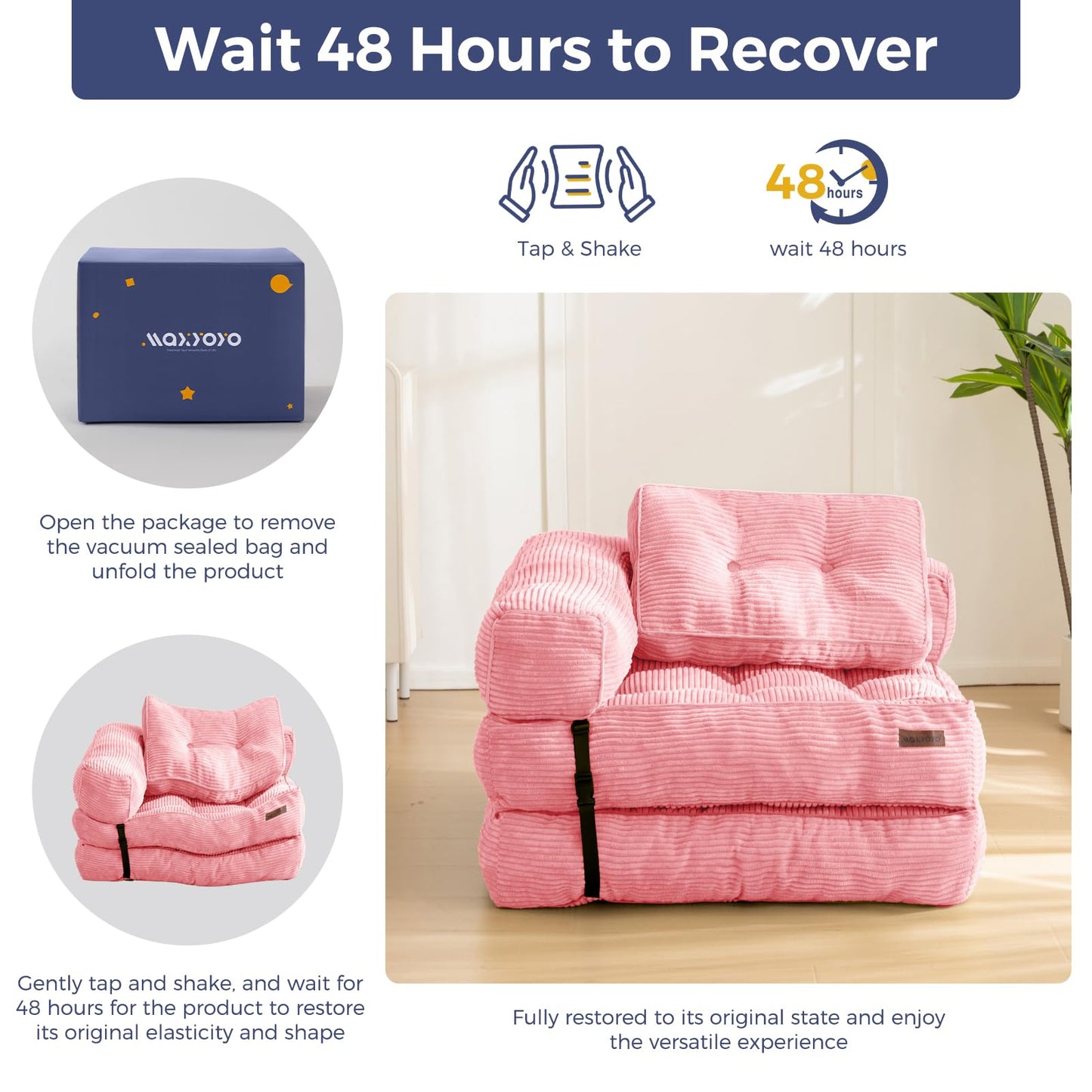 MAXYOYO Convertible L Shape Corner Sleeper Chair with Pillow Portable Fold Out Chair Bed, Floor Sofa Lounge for Living Room Bedroom, Pink