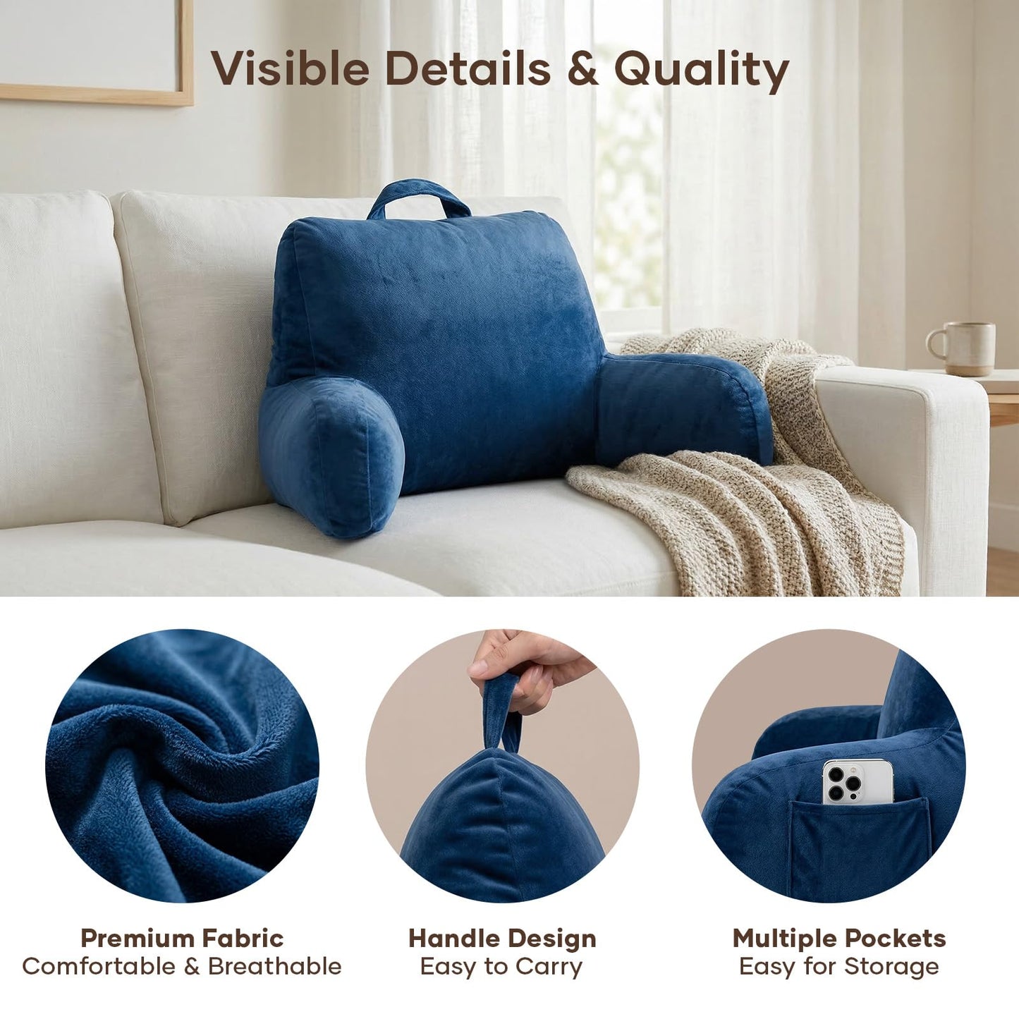 NOONTIDE Reading Pillow for Sitting up in Bed and Couch,Large Back Pillow for Adult & Teens with Soft Adjustable Neck Roll Backrest Pillow,Washable Cover,Watching TV/Gaming/Relaxing(Blue)