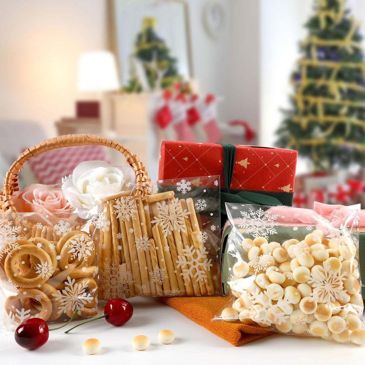 CUDICY Christmas Cookie Bags 200pcs Snowflake Cellophane Treat Bags 5.5x5.5 Self Adhesive Cookie Bag for Gift Giving Packaging Candy Goodie Holiday Homemade Bakery