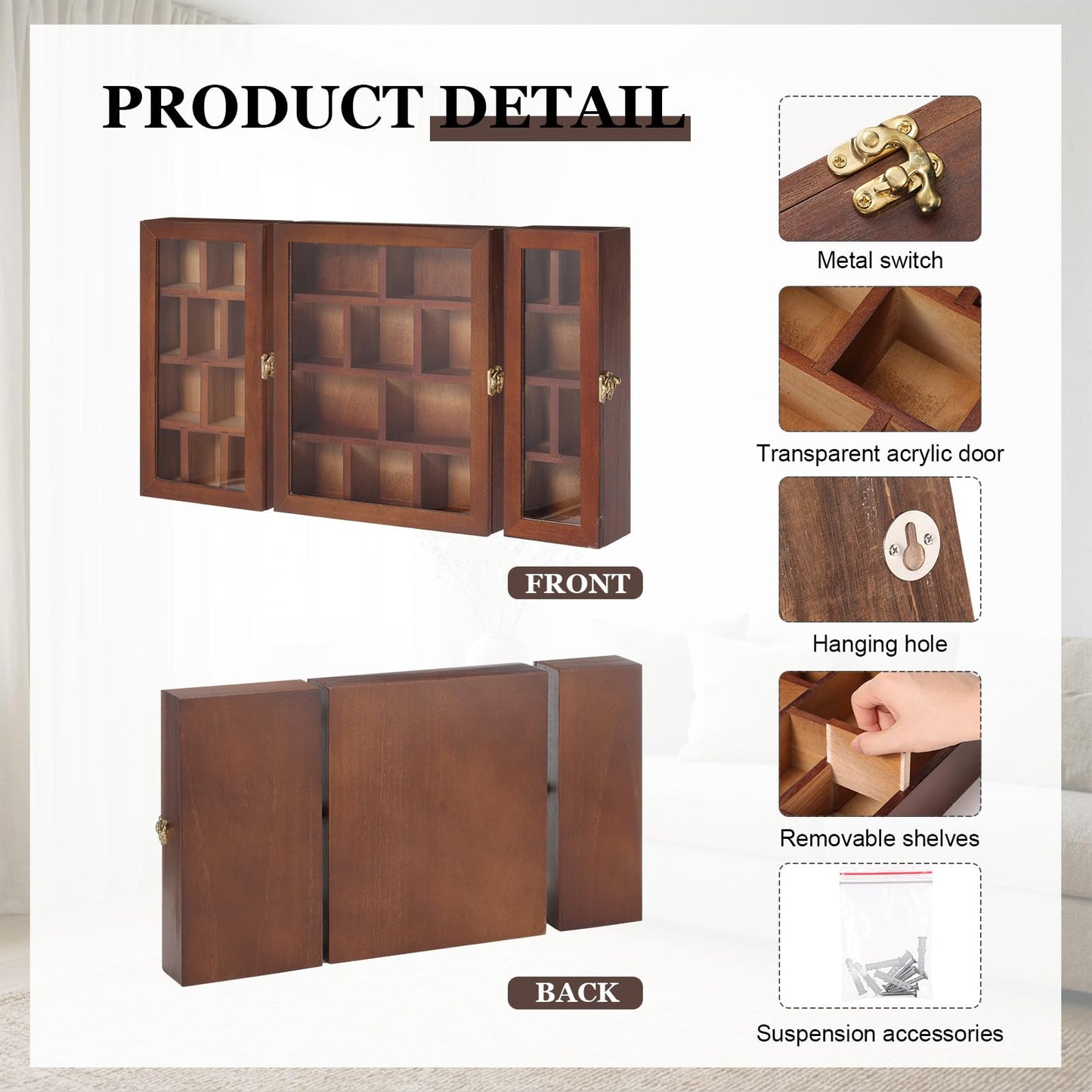 DoubleFill Wooden Trinket Display Shelf Shadow Box with Shelves Large Wall Mounted Display Storage Mini Figures Curio Trinket Medals Crafts Collections(Brown)