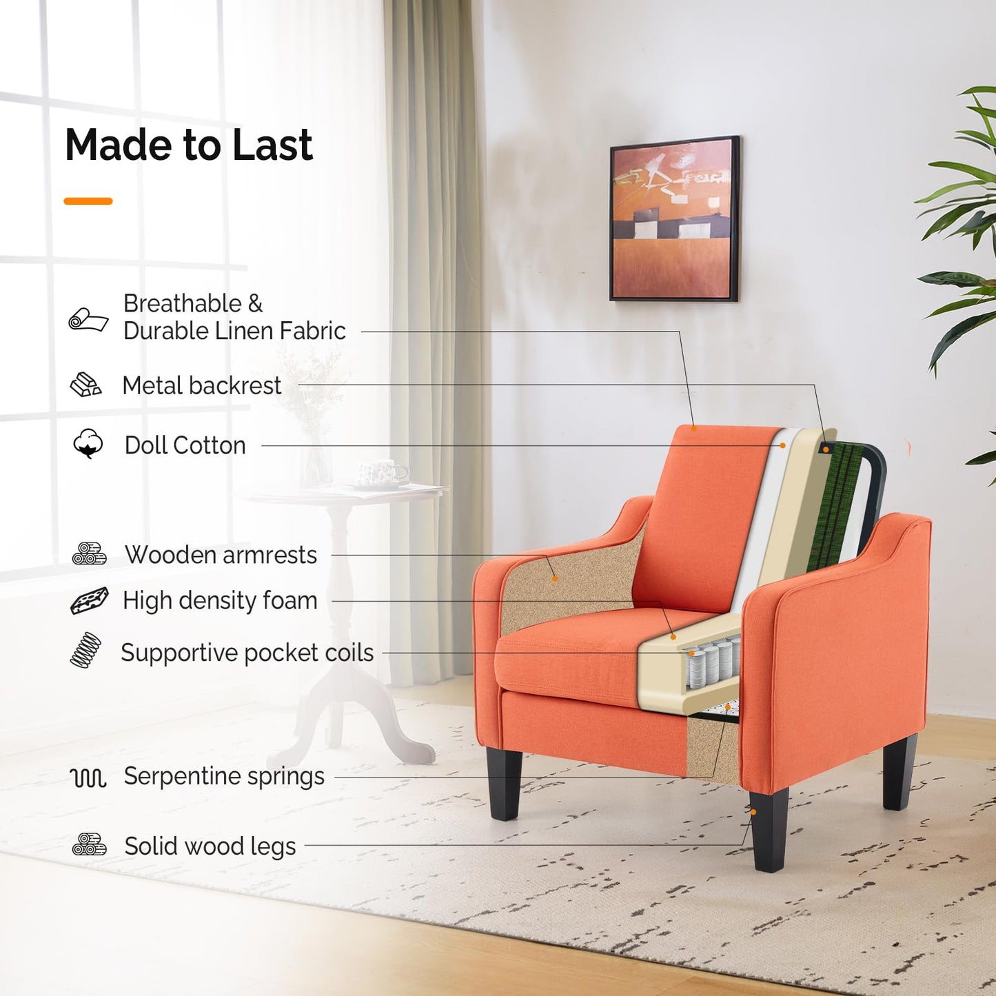 VINGLI Burnt Orange Mid Century Modern Accent Chair for Living Room & Bedroom, Scooped Arm, Upholstered Comfy Chair for Apartment, Waiting Room