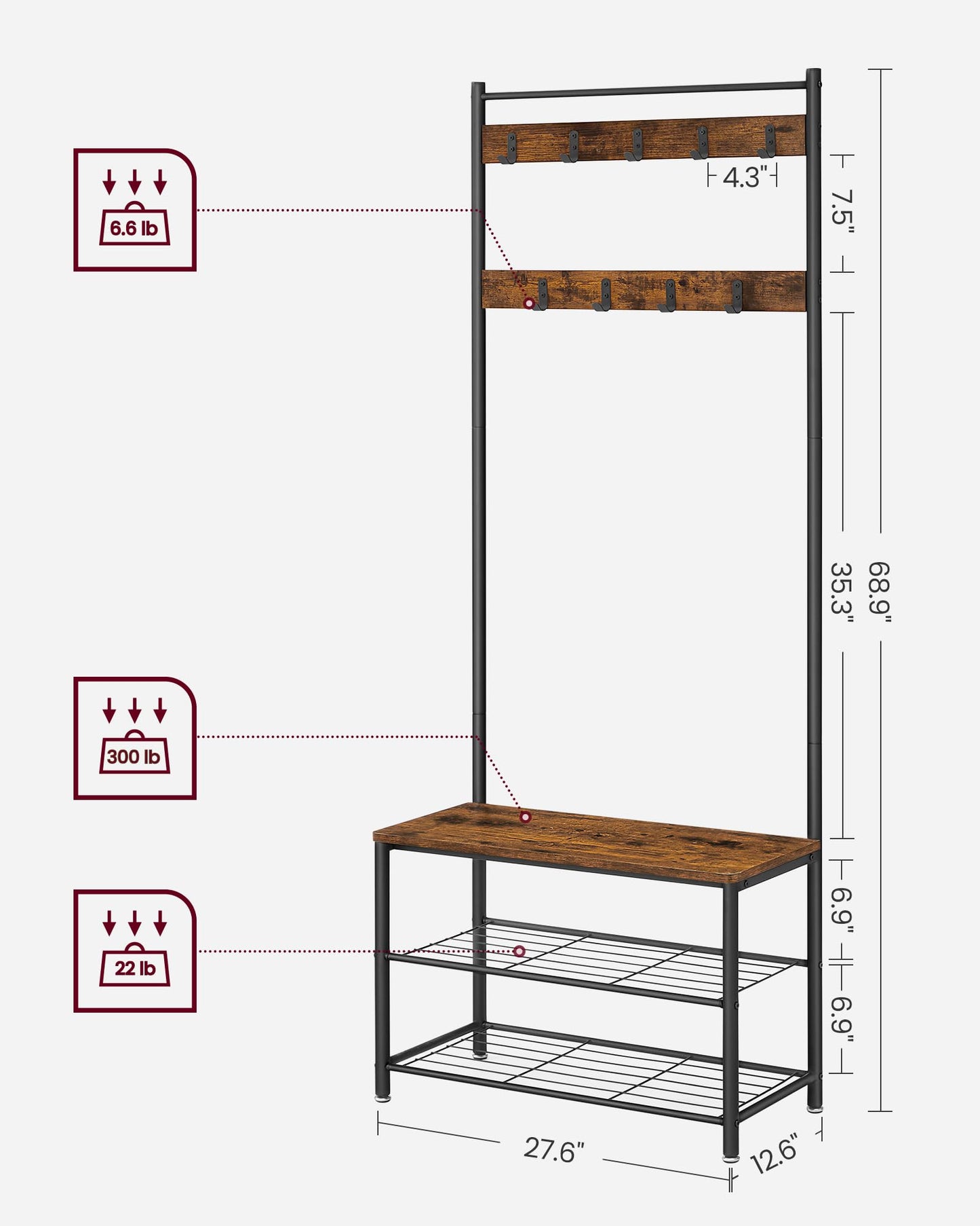 VASAGLE Coat Rack, Hall Tree with Shoe Storage Bench, Entryway Bench with Shoe Storage, 3-in-1, Steel Frame, for Entryway, 12.6 x 27.6 x 68.9 Inches, Industrial, Rustic Brown and Black UHSR41BX