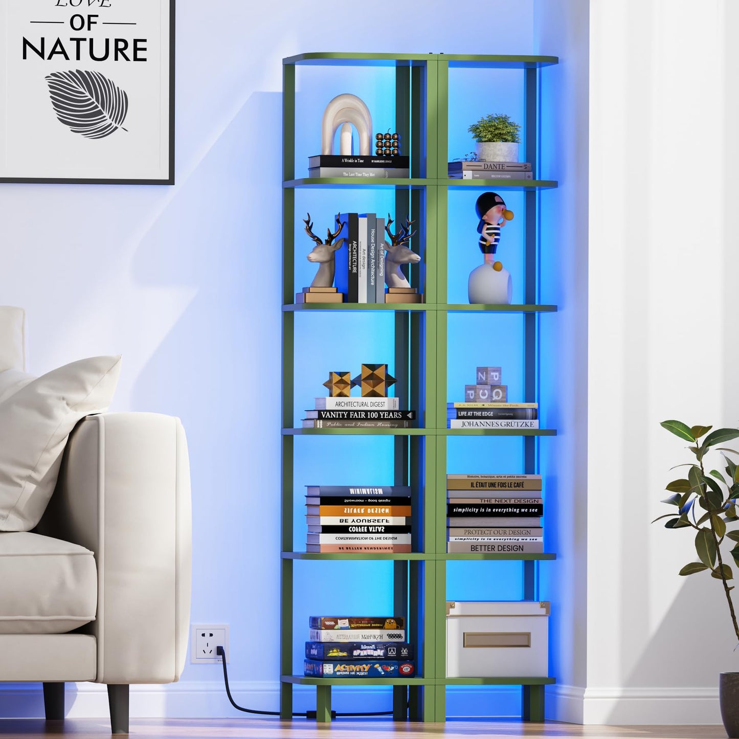 TUTOTAK Corner Shelf with LED Light, 6-Tier Corner Bookshelf for Small Space, Narrow Display Corner Shelf Stand with Storage Rack, for Living Room, Bedroom, Olive Green BS08BOG006L