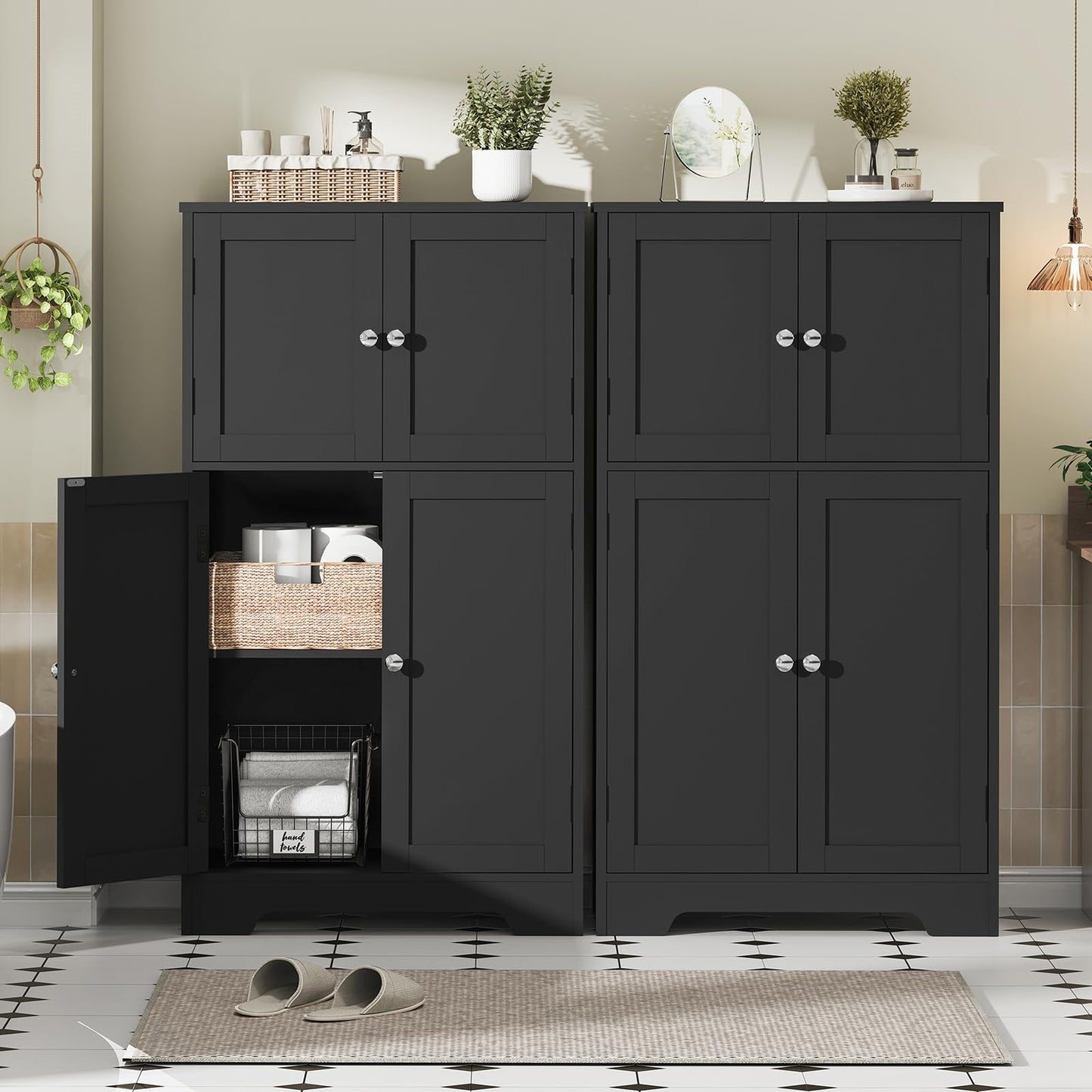 TEENFON Storage Cabinet, Rattan Cabinets with 2 Adjustable Shelves & 4 Doors, Bathroom Cabinet, Cupboard, Floor Cabinets for Living Room, Entryway, Kitchen, Home Office, Black