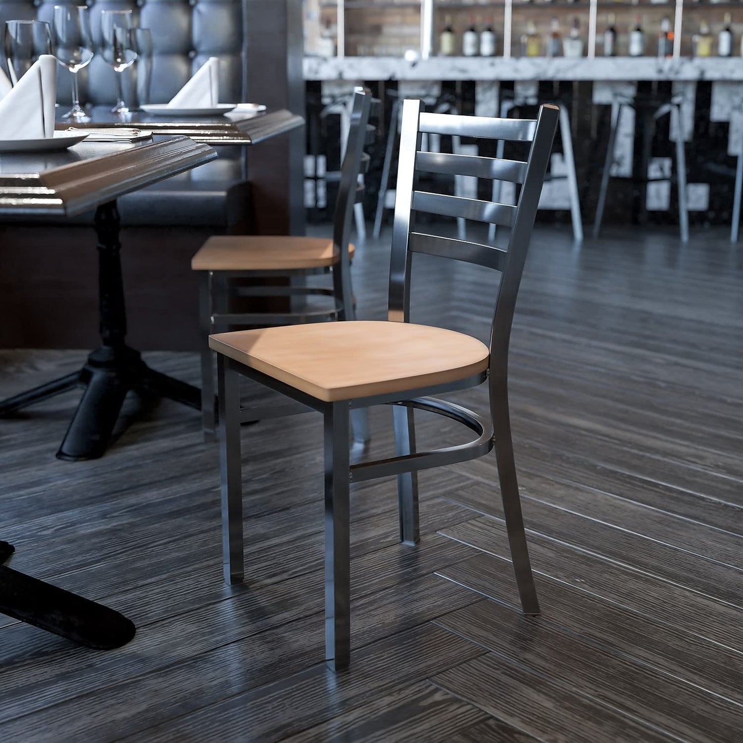 Flash Furniture HERCULES Series Clear Coated Ladder Back Metal Restaurant Chair - Natural Wood Seat