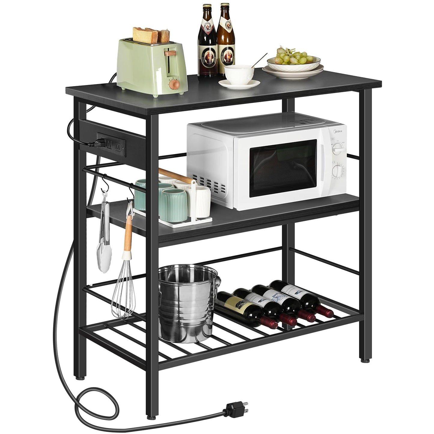 HOOBRO Kitchen Island with Storage, Kitchen Island Table with Power Outlet, 35.4" L 3 Tier Coffee Station and Microwave Stand, for Home, Kitchen and Dining Room, Black BB021ZD01