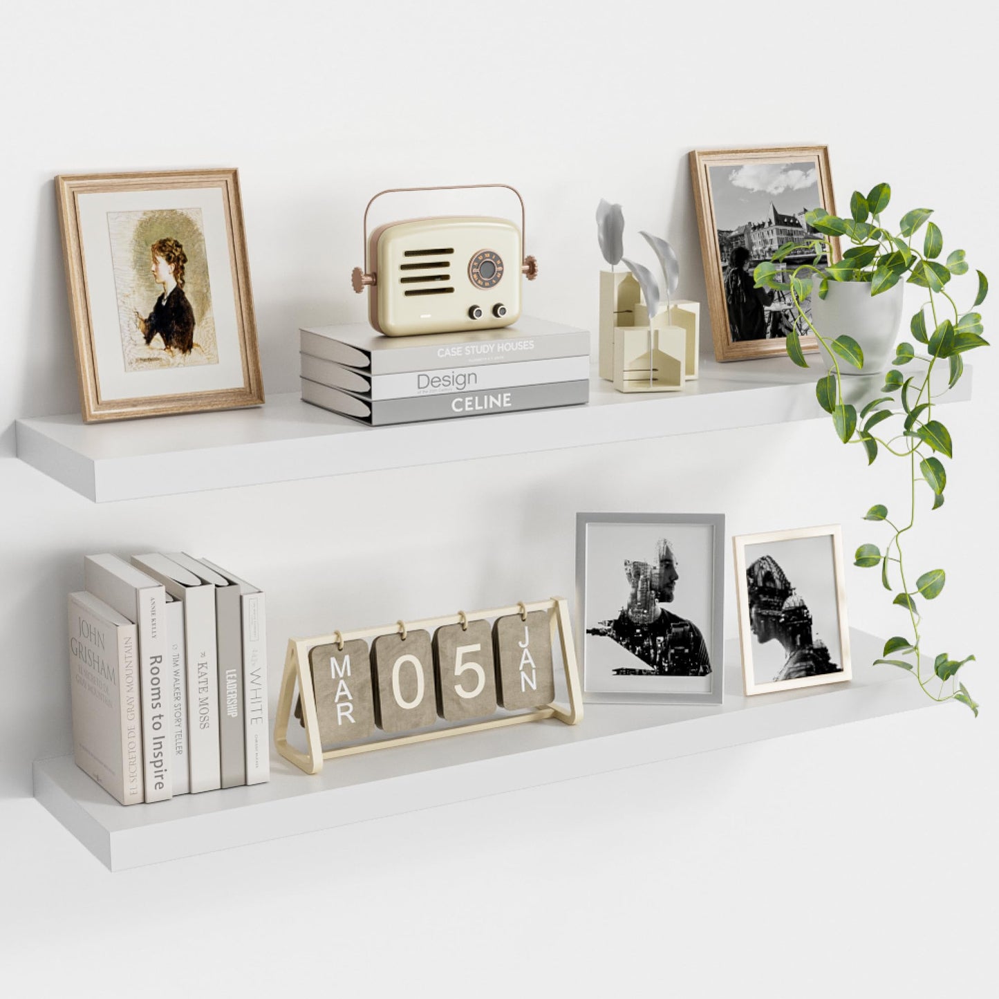 Vivelove Wooden Floating Shelves for Wall 36” x 8”x 1.4”, Solid Wood Shelf with Invisible Brackets, Deep Wall Shelves for Bathroom, LivingRoom, Kitchen, Bedroom, Modern Home Decor, Set of 2 - White