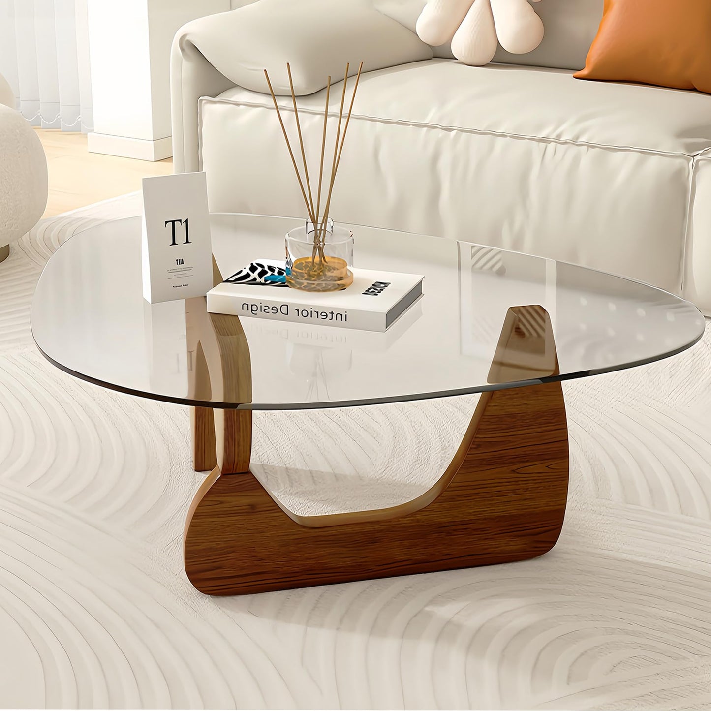 Modern Glass Coffee Table, 35.5″ Noguchi Coffee Table with Triangle Tempered Glass Top, Walnut Wood Base, Stable Funky Center Tables for Living Room, Apartment & Small Spaces