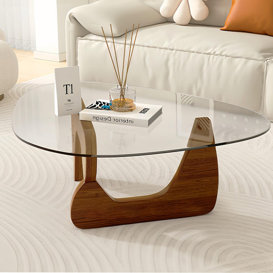Modern Glass Coffee Table, 35.5″ Noguchi Coffee Table with Triangle Tempered Glass Top, Walnut Wood Base, Stable Funky Center Tables for Living Room, Apartment & Small Spaces