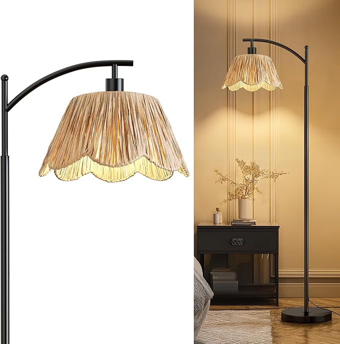 Oneach Arc Floor Lamp for Living Room, Rattan Boho Floor Lamp