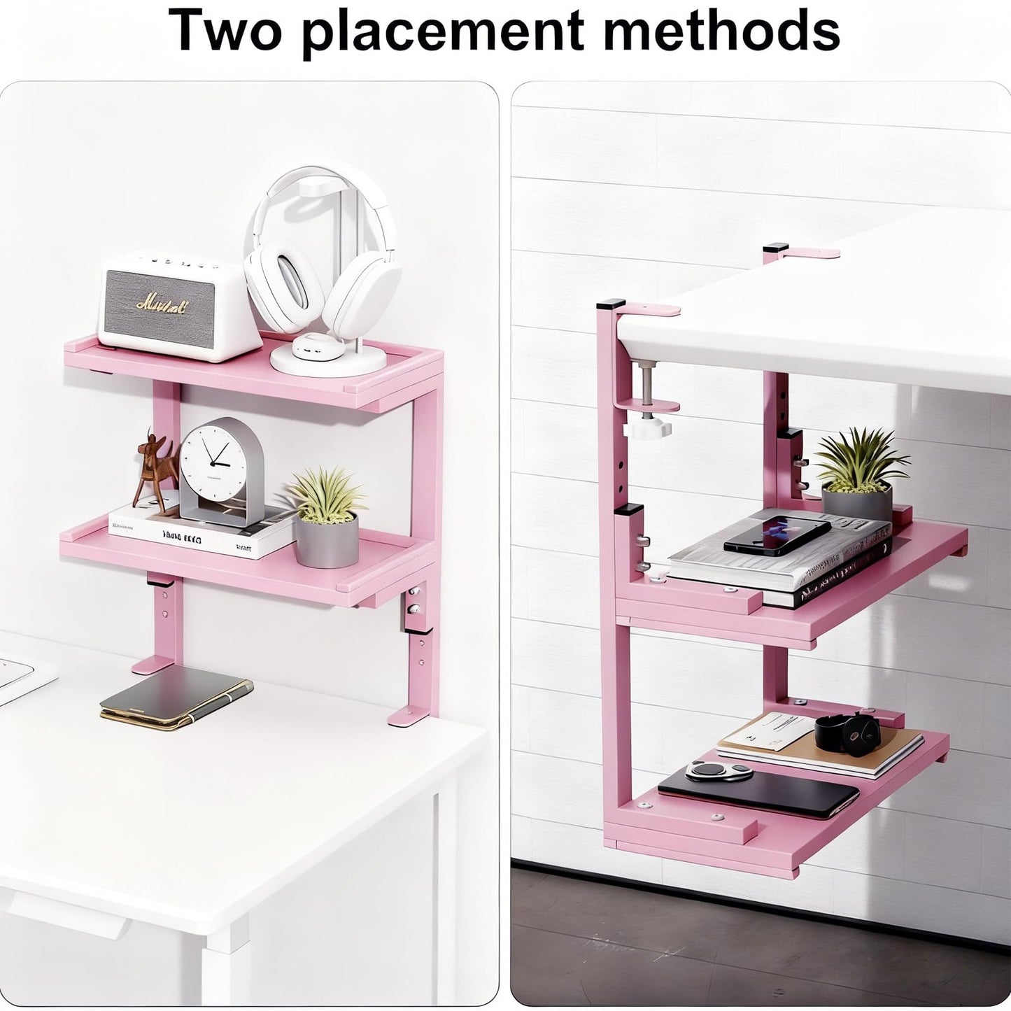 Spacrea clamp on Desk Shelf, 2 Tier Office Desk Shelves Organizer, Wood Desktop Supplies Storage Rack, Desk Organizers and Accessories (Pink)