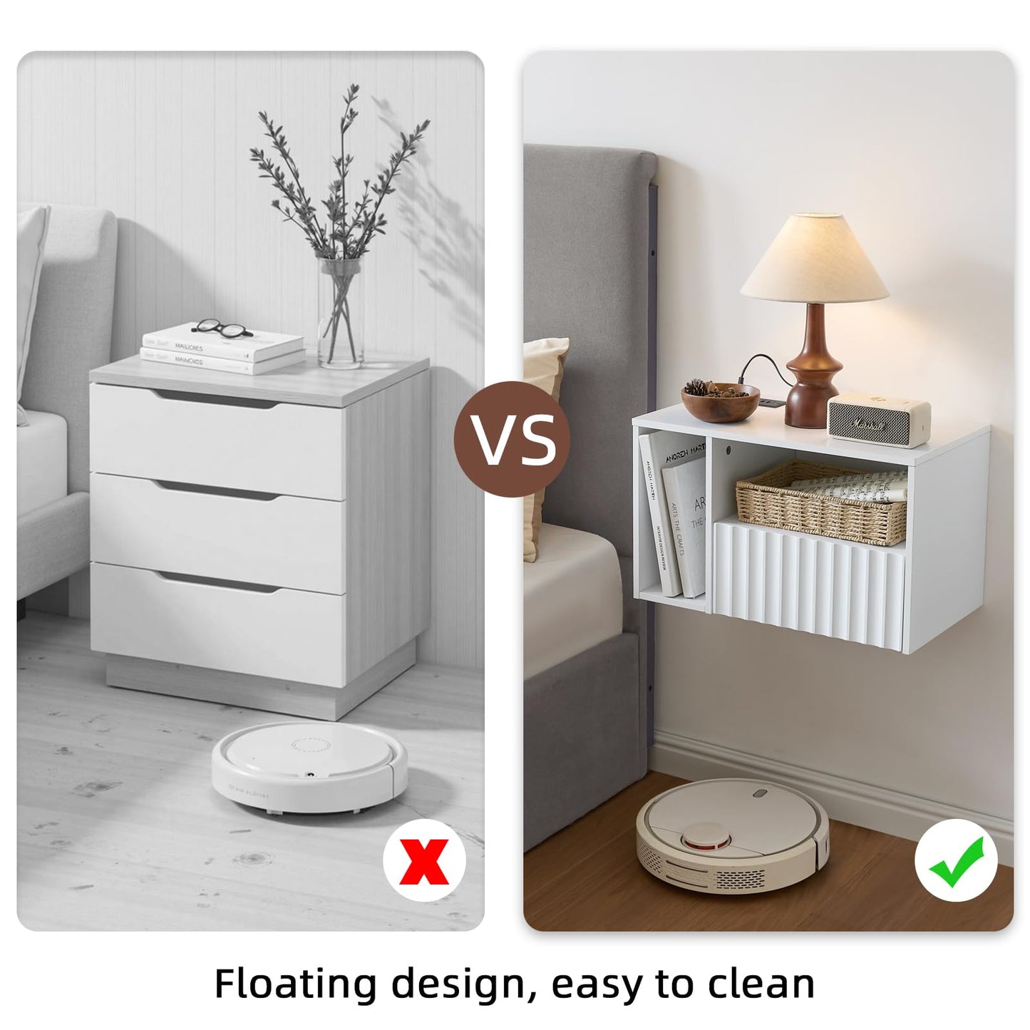 BuildHom Modern Matte White Fluted Floating Nightstand with Charging Station, NightStand with Drawers, Bedside with USB Ports and Outlets, Bedroom Furniture (Right)