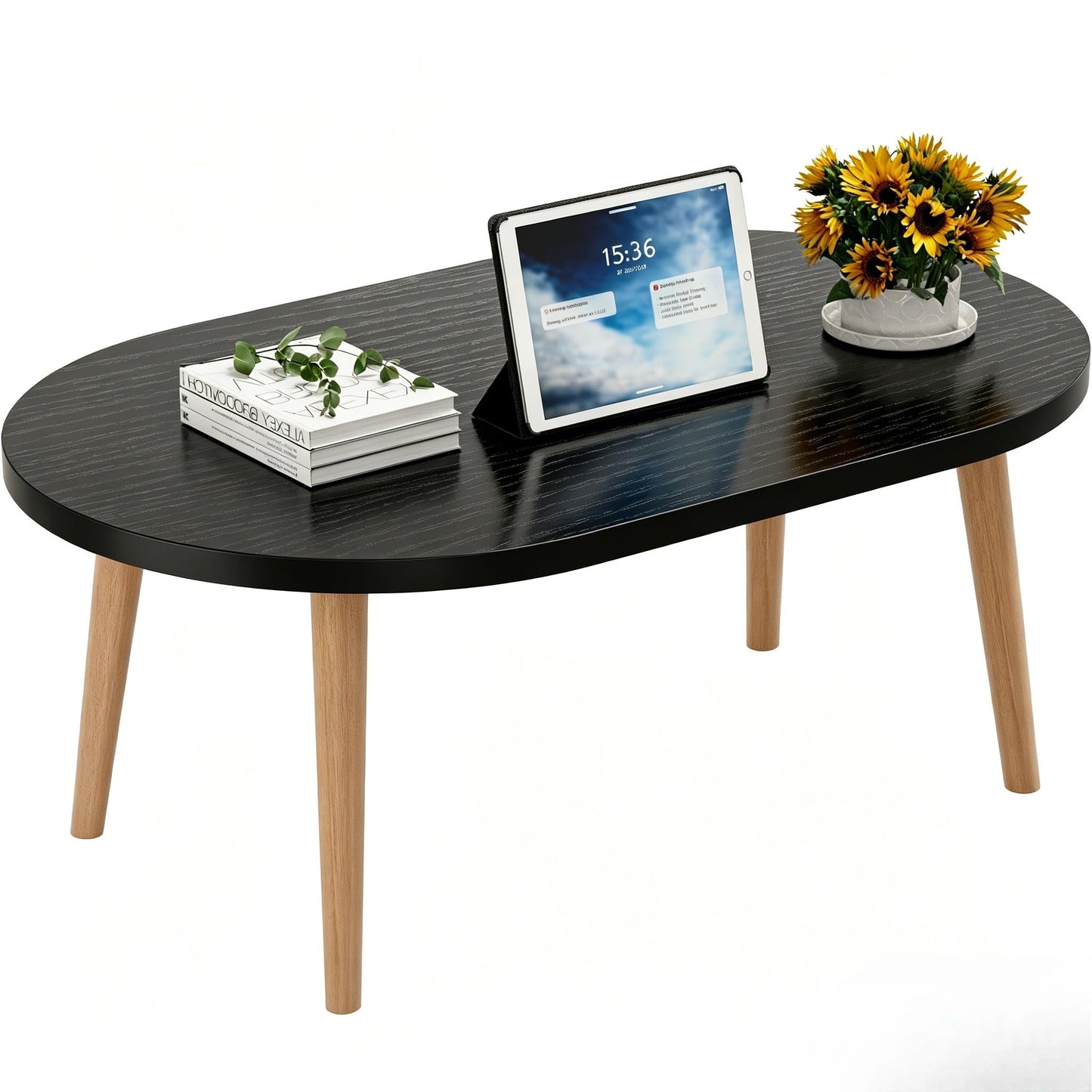FURMORENE Coffee Table Low Table with Solid Wood Legs, 31.5x19.7 Large Coffee Table Side Table, Floor Table Desk for Sitting on The Floor, Living Room Furniture for Office Apartment Home, Oval Black