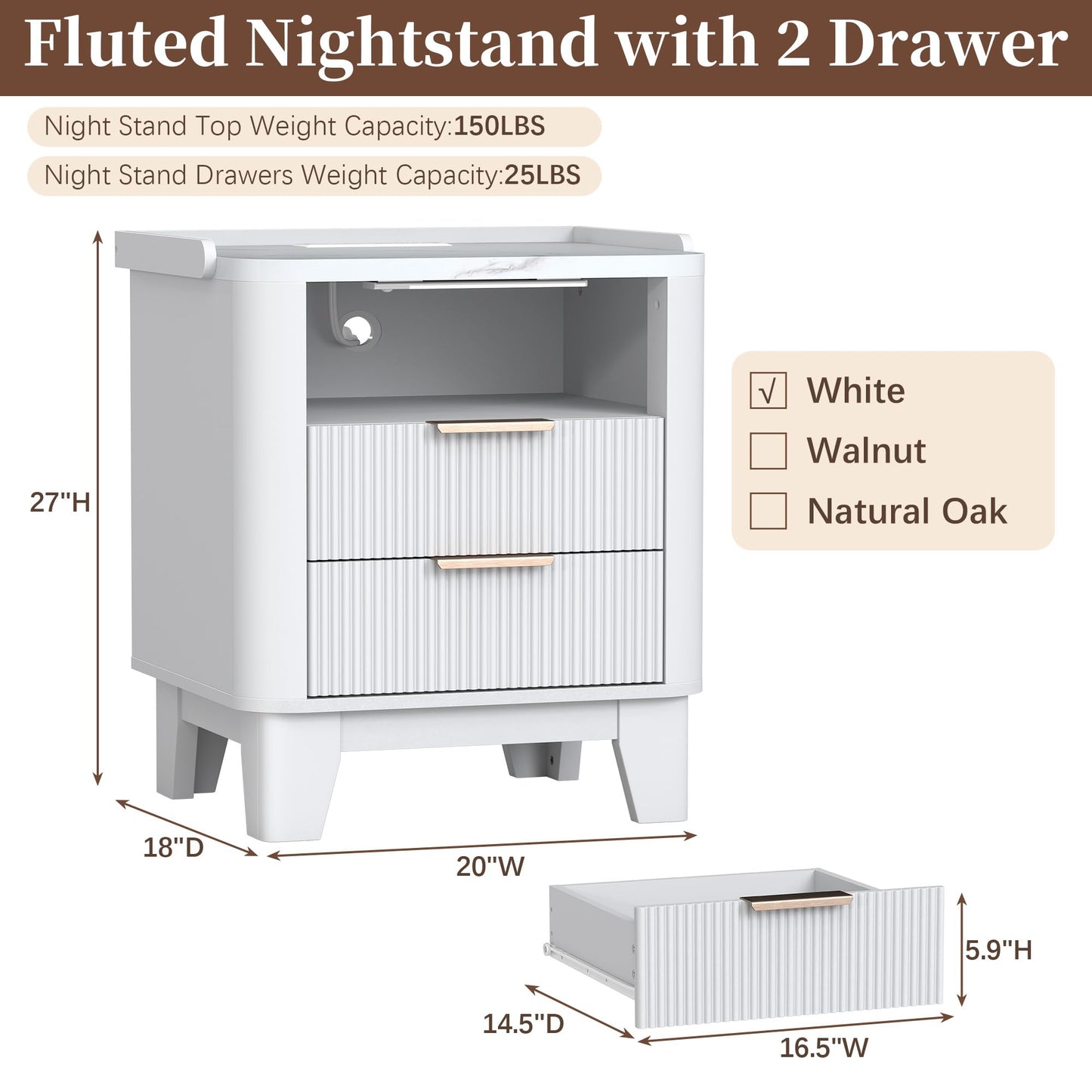Baoz White Fluted Nightstand with Charging Station & 2 Drawers for Bedroom