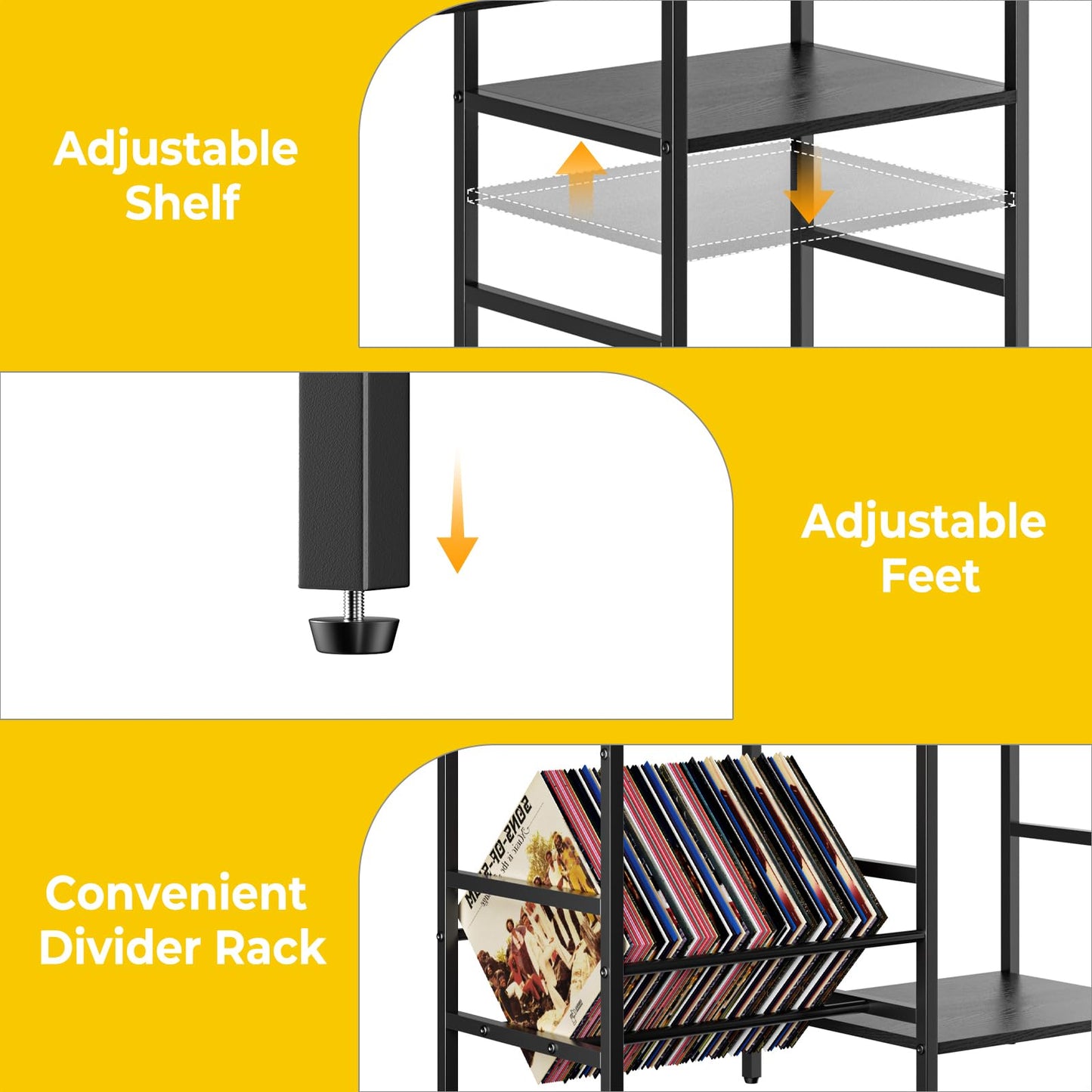 Nidouillet Record Player Stand with LED Light, Turntable Stand with Vinyl Storage for 300+ Albums, 3-Tier Media Cabinet with Adjustable Shelf, Mesh Fences & V-Shaped Holder, for Living Room & Bedroom