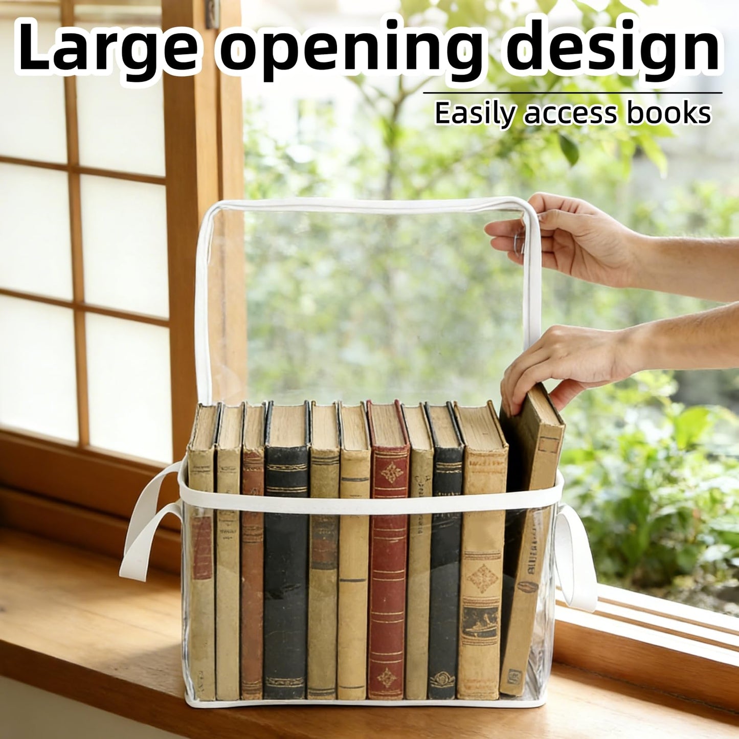 Clear Book Storage Bag with Reinforced Handles - Heavy Duty Plastic Comic Book Organizer & DVD Storage Bin - Collapsible Media Tote with Zipper Lid for Books, Journals and Albums - 15" x 9.5" x 12.5"