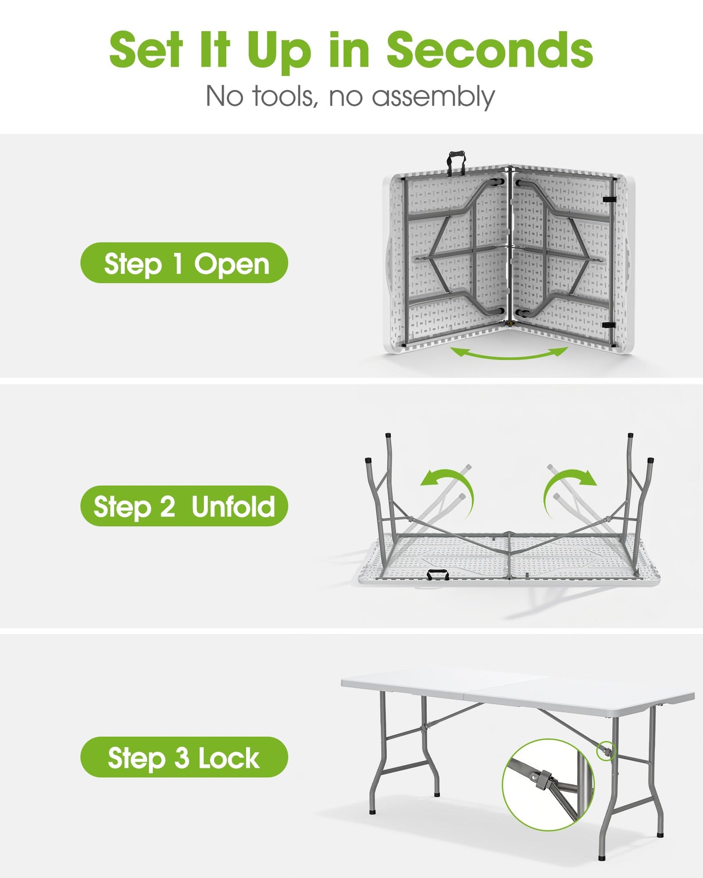 Pureegg 6FT Folding Table - No Assembly Required, Versatile Dining Table with Carrying Handle & Tabletop Safety Lock, Portable Foldable Table for Party, Craft, Camping, Picnic, White