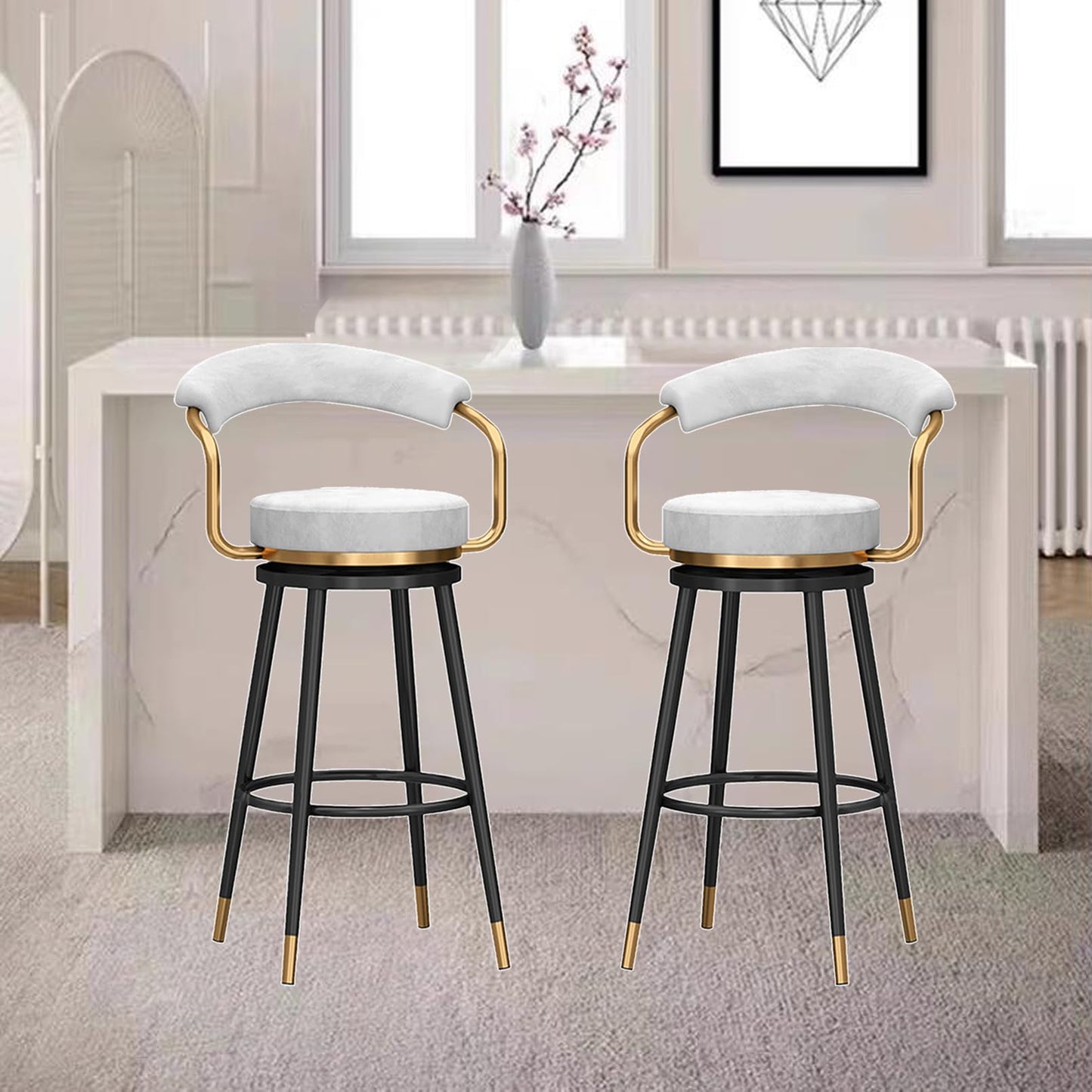 Tall Stools of 2, Height stools with Hollow Back, Velvet Swivel Chairs, Black Metal Legs, Kitchen Island Stools, Seat 65cm, Blue (White Seat Height 65cm)