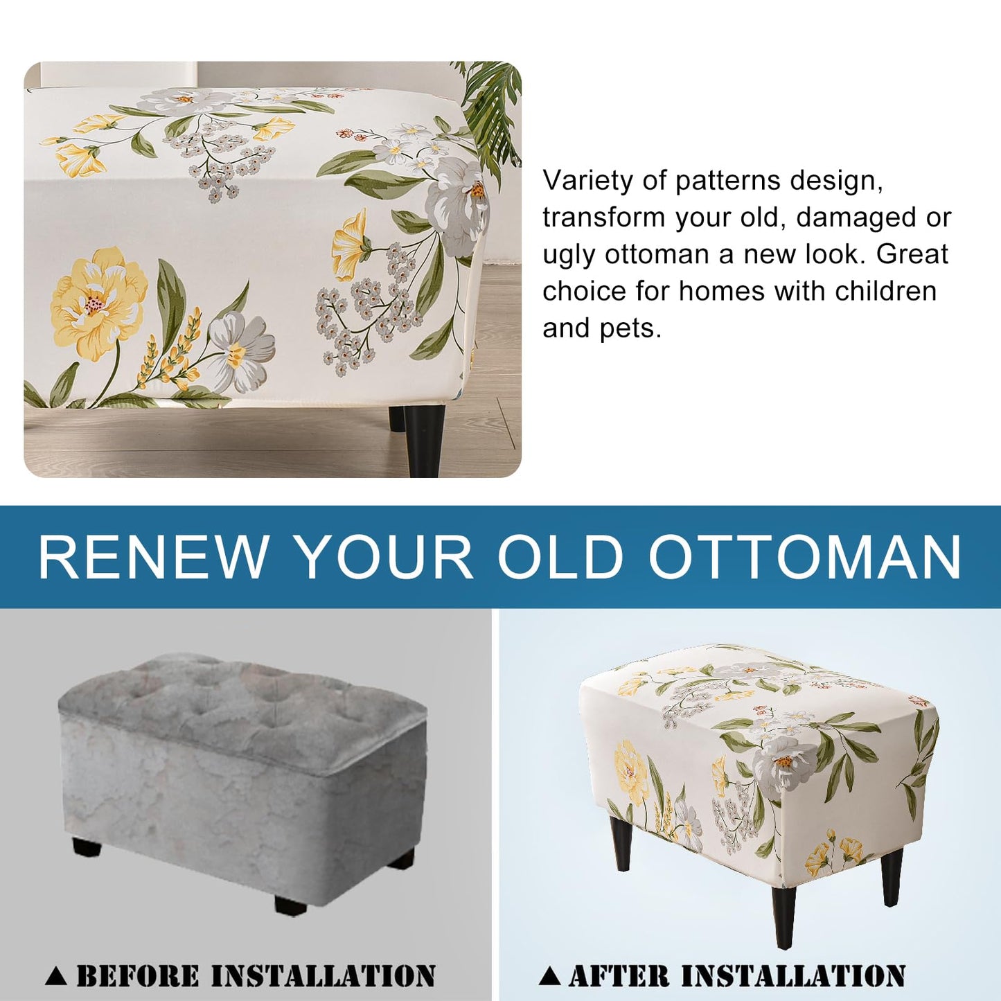 KRFOONN Ottoman Slipcovers Stretch Rectangle Footrest Stool Covers Printed Ottoman Cover for Foot Stool Furniture Protector with Non Slip Elastic Bottom(25, X-Large)