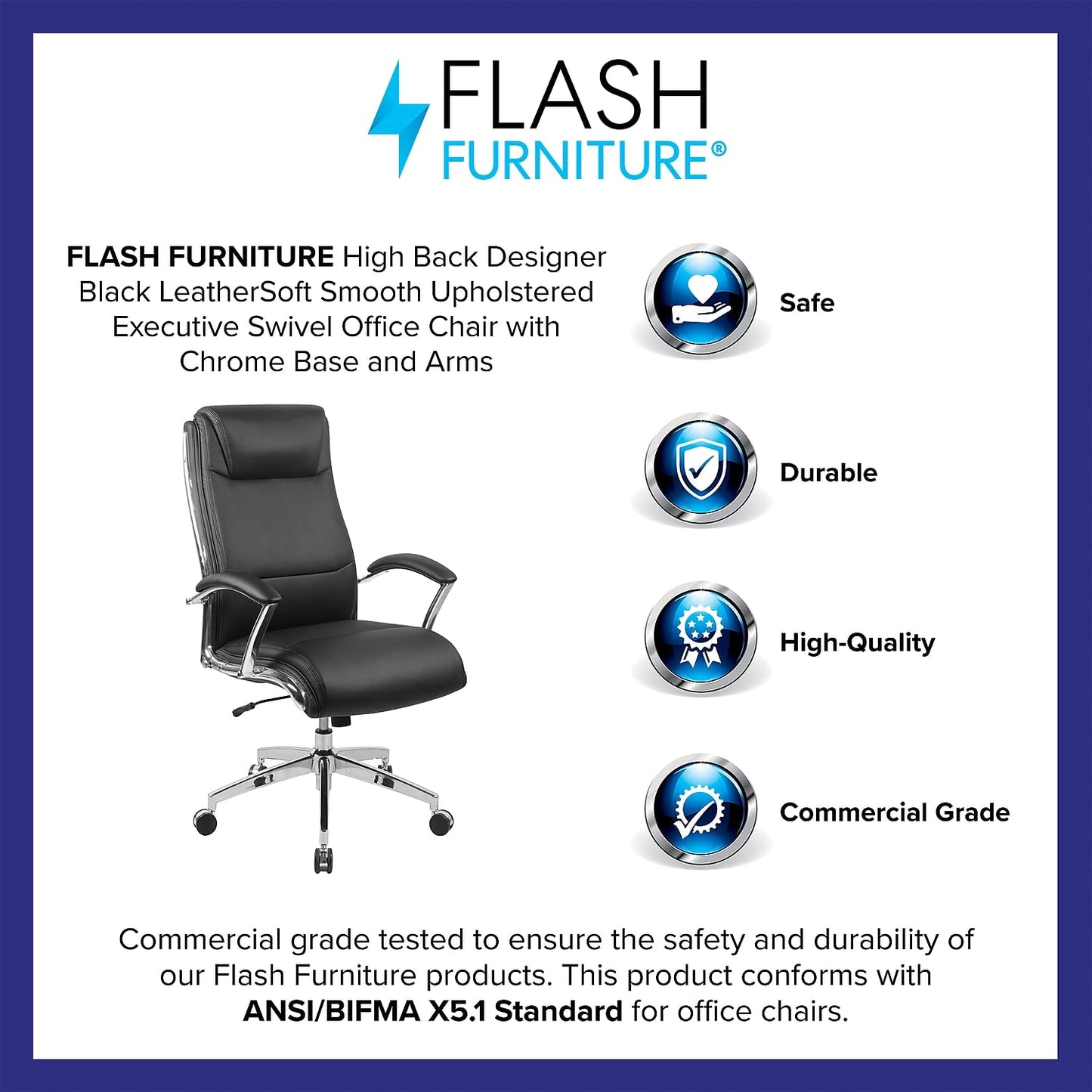 Flash Furniture Rebecca High Back Designer Black LeatherSoft Smooth Upholstered Executive Swivel Office Chair with Chrome Base and Arms