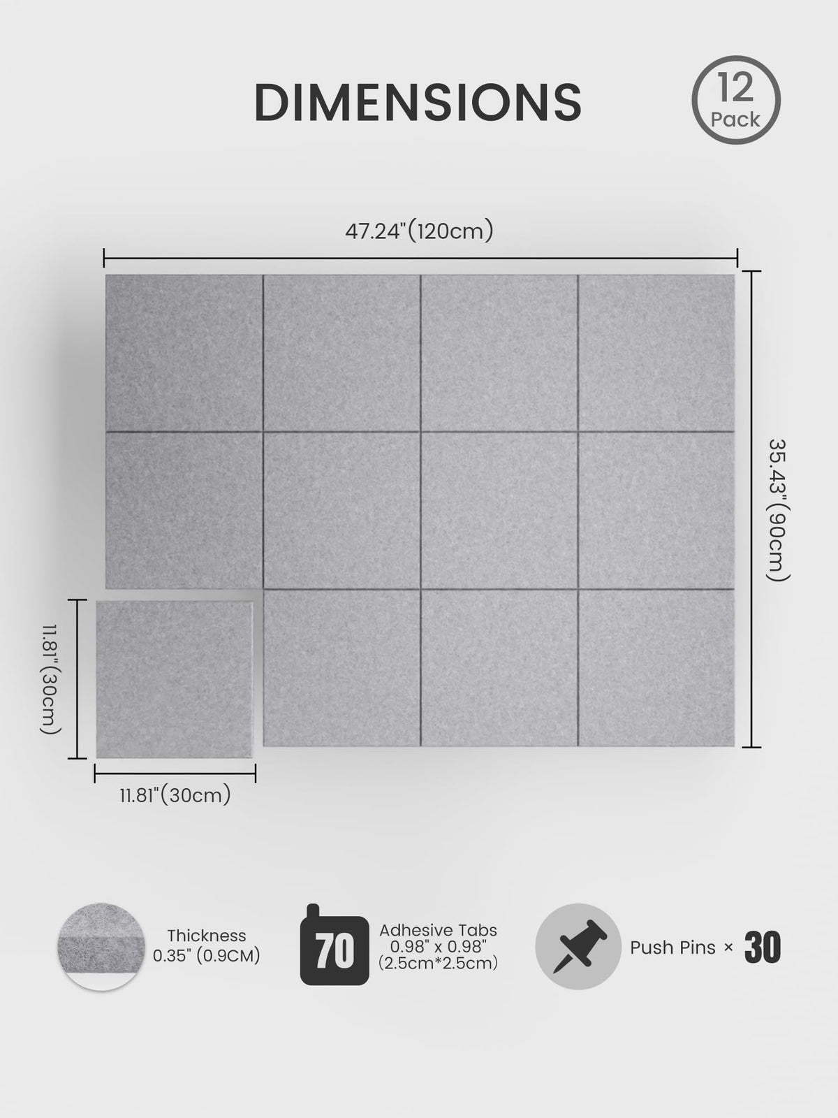 Bumusty Large Cork Board 48" x 36" Alternative - 12 Pack Felt Wall Tiles with 70 Safe Removable Adhesive Tabs, 30 Pushpins, Cork Boards for Walls Pin Board Bulletin Board Office Decor (Soft Gray)